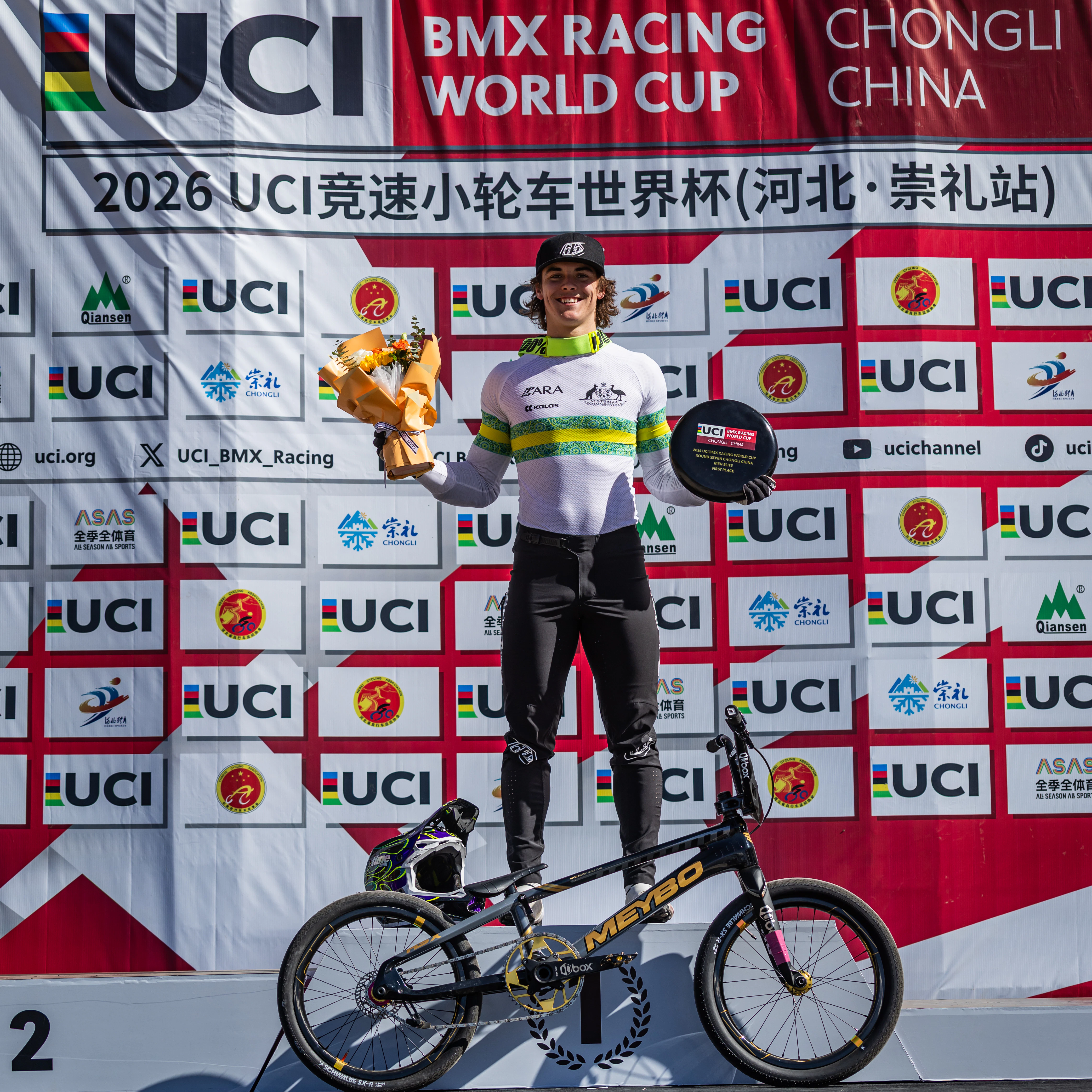 Josh Jolly after winning Round 7 of the 2026 UCI BMX Racing World Cup in Chongli, China. Picture: Navada Photography