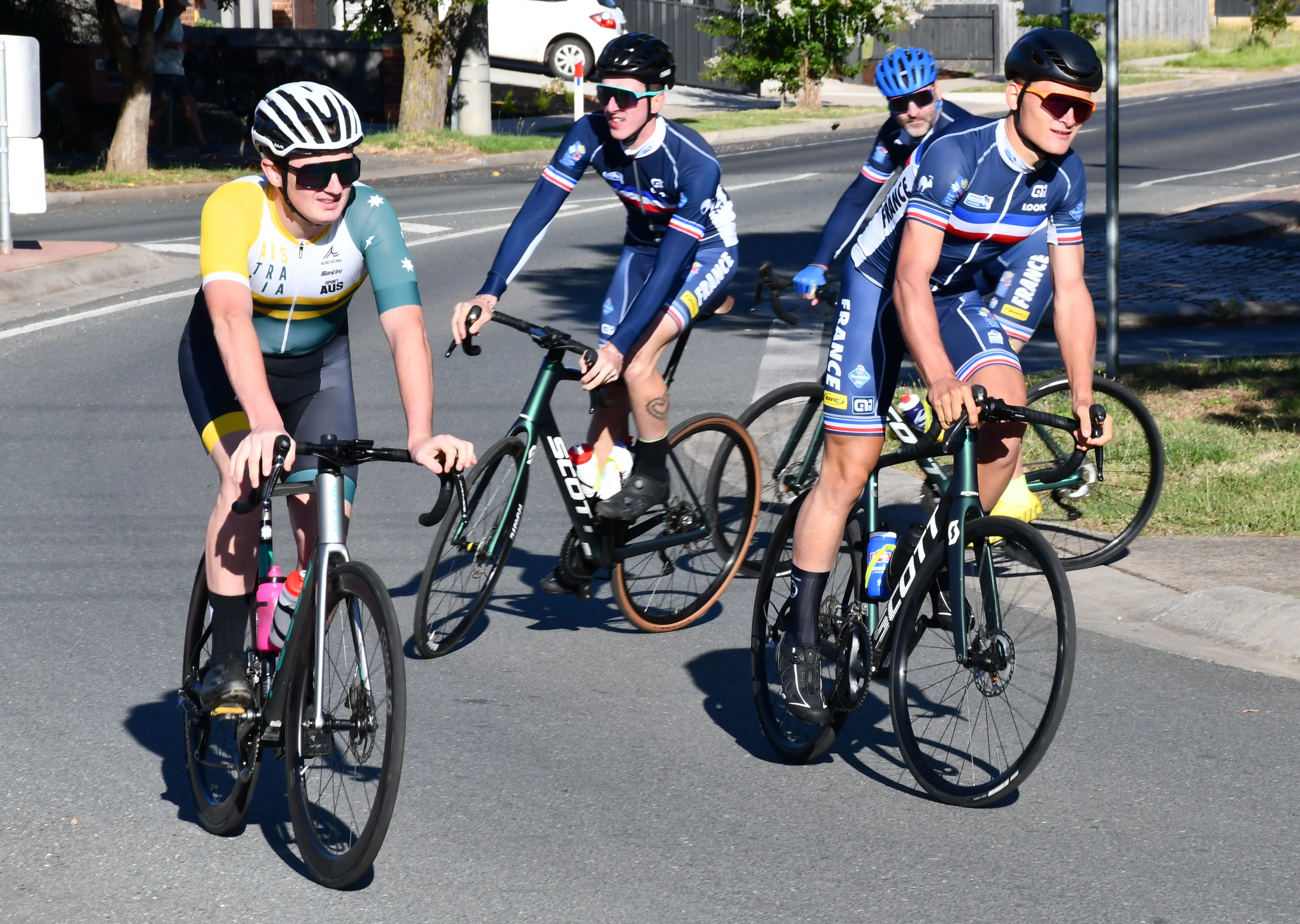 French cyclists and an Australian cyclist on a training ride ahead of the Virtus Cycling World Series road cycling event during the 2024 Road National Championships in Ballarat