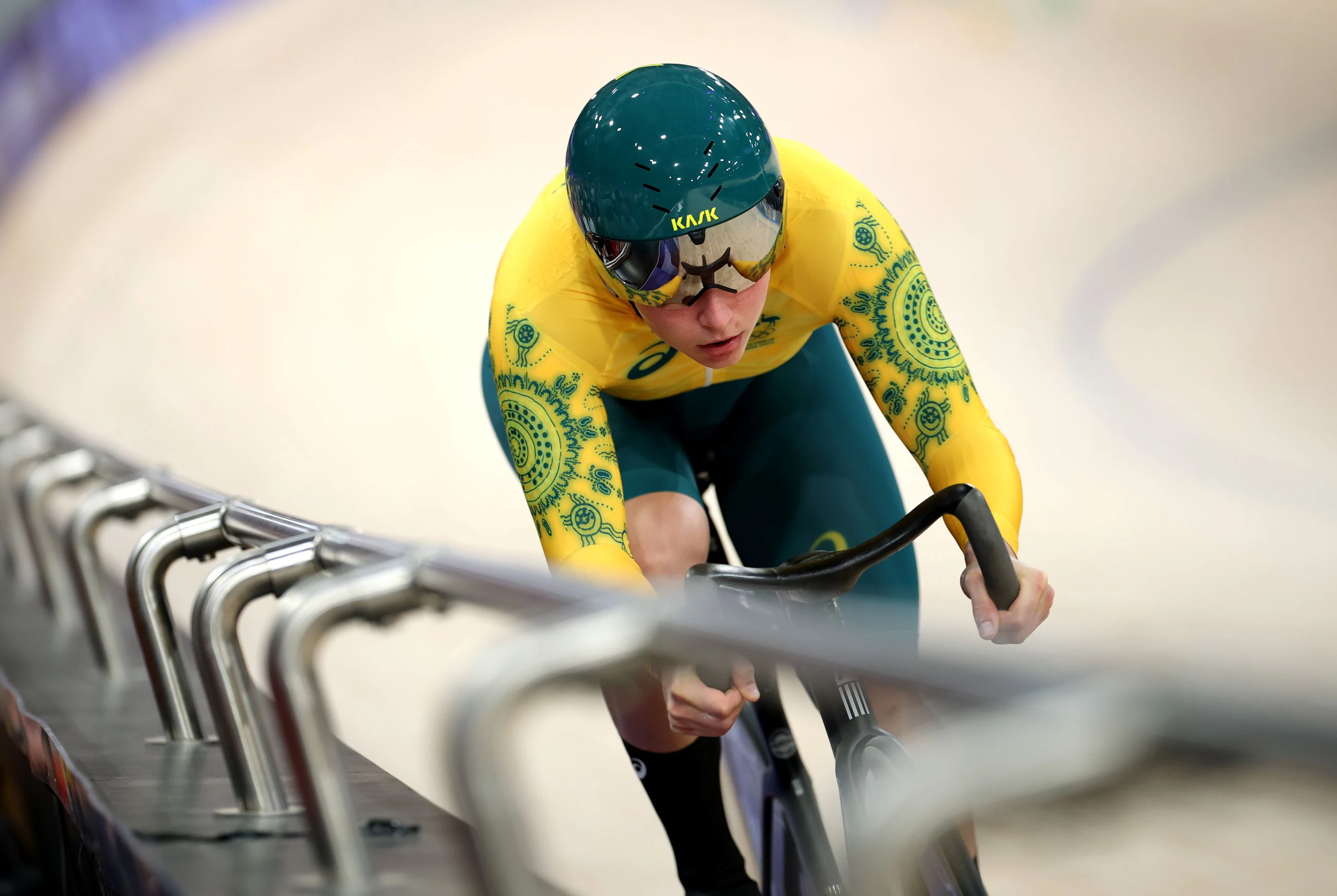 Kristina Clonan of Australia competes during the Women's Sprint Qualifying on day fourteen of the Olympic Games Paris 2024 at Saint-Quentin-en-Yvelines Velodrome on August 09, 2024 in Paris, France. (Photo by Jared C. Tilton/Getty Images)