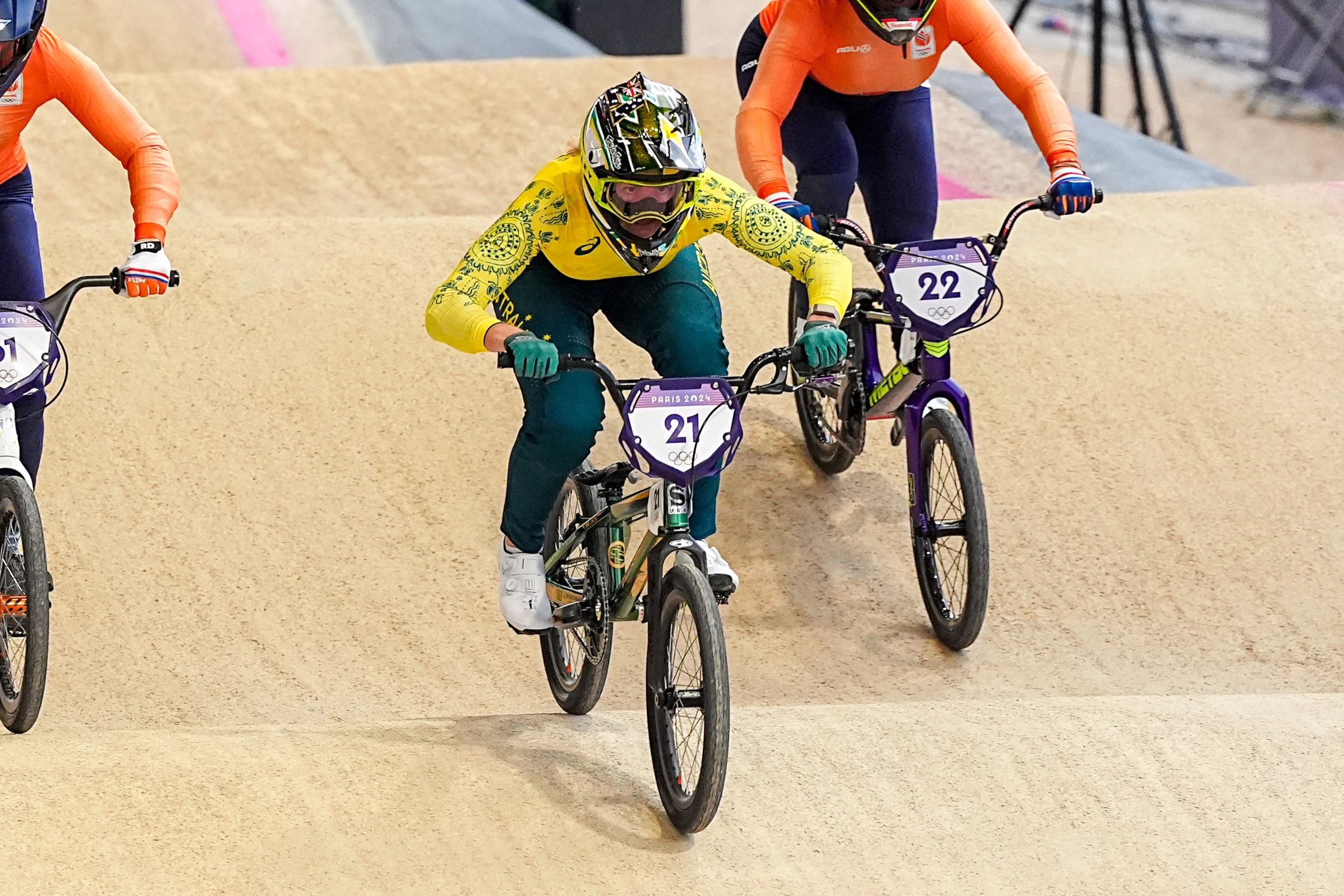 Australian BMX racer Lauren Reynolds in action during the Paris 2024 Olympic Games.