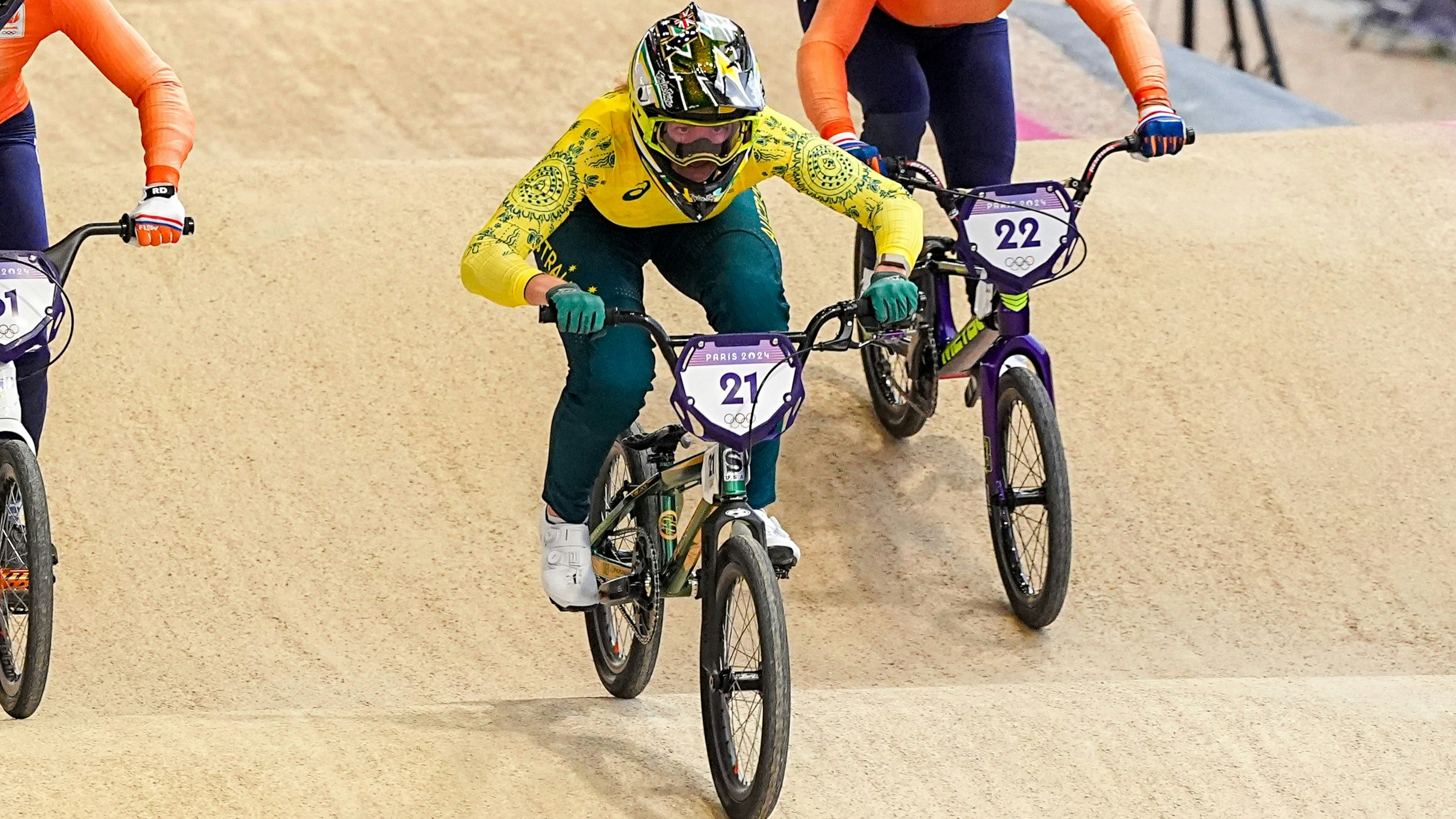 Australian BMX racer Lauren Reynolds in action during the Paris 2024 Olympic Games.