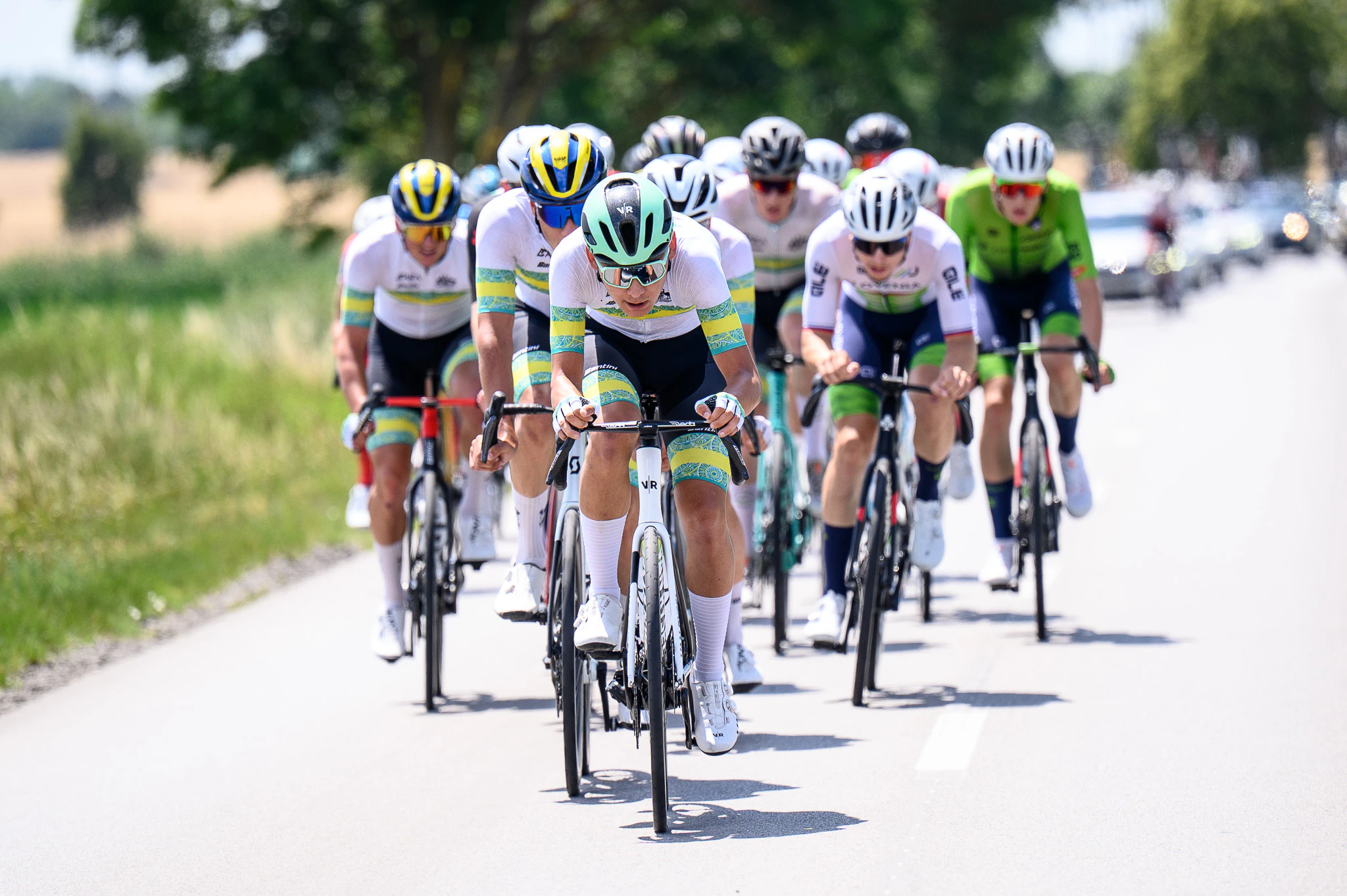 Benjamin Coates leads the peloton for the ARA Australian Cycling Team in a UCI Junior Nations' Cup men road race in Czechia in 2026