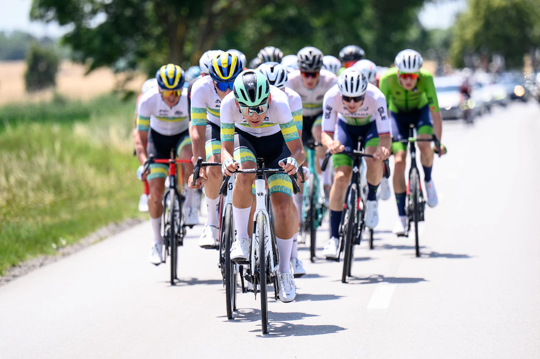 Benjamin Coates leads the peloton for the ARA Australian Cycling Team in a UCI Junior Nations' Cup men road race in Czechia in 2026