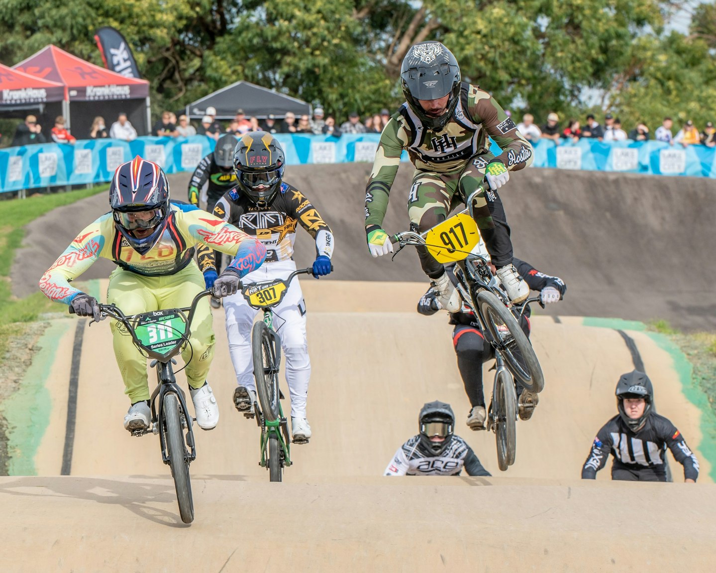 Joel Marsh and Andrew Hughes racing at Round 4 of the 2025 AusCycling BMX Racing National Series at Lake Macquarie BMX Club. Picture: Mitch Ramm