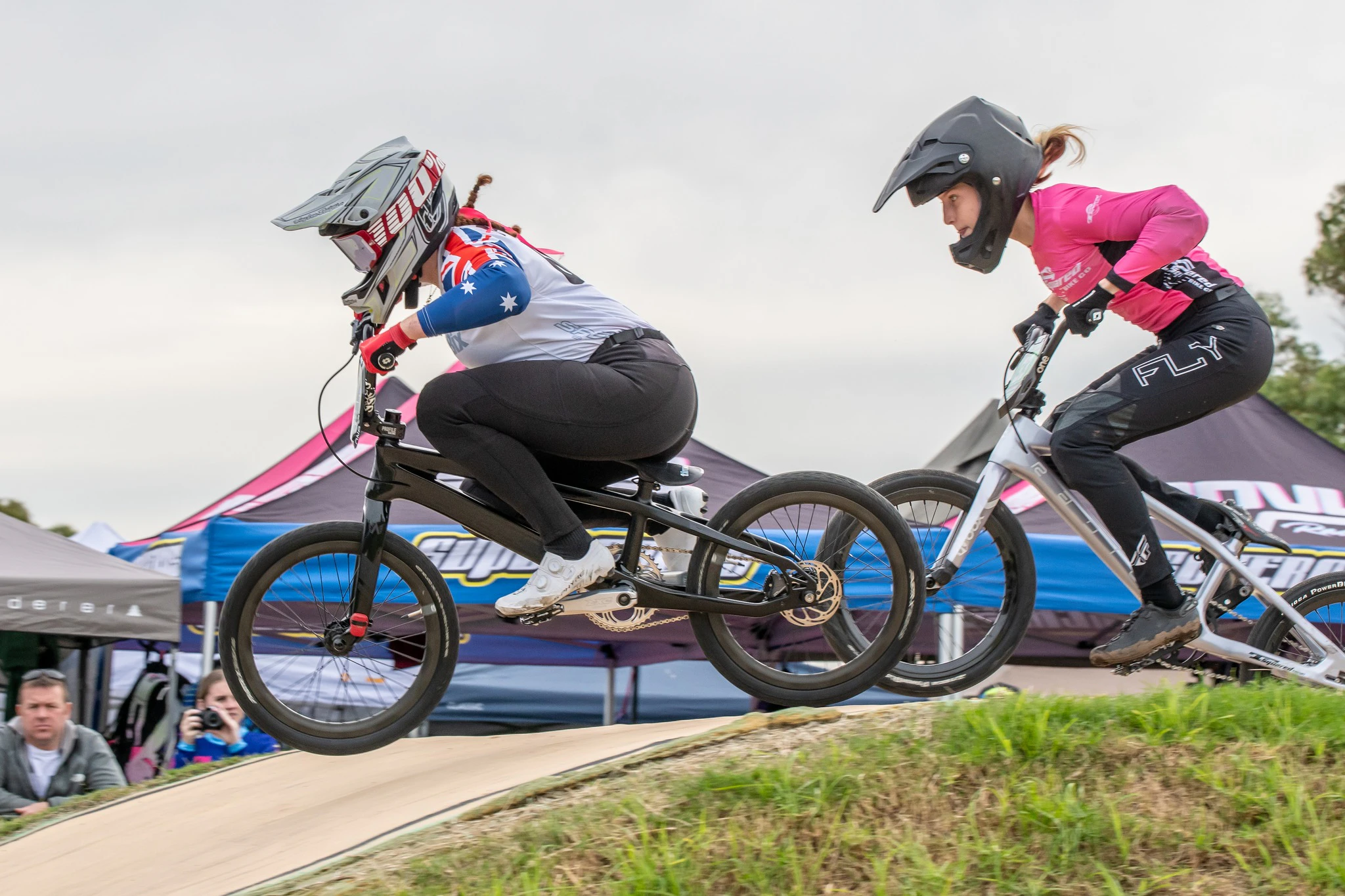 Sienna Pal and Teya Rufus racing at Round 4 of the 2025 AusCycling BMX Racing National Series at Lake Macquarie BMX Club. Picture: Mitch Ramm