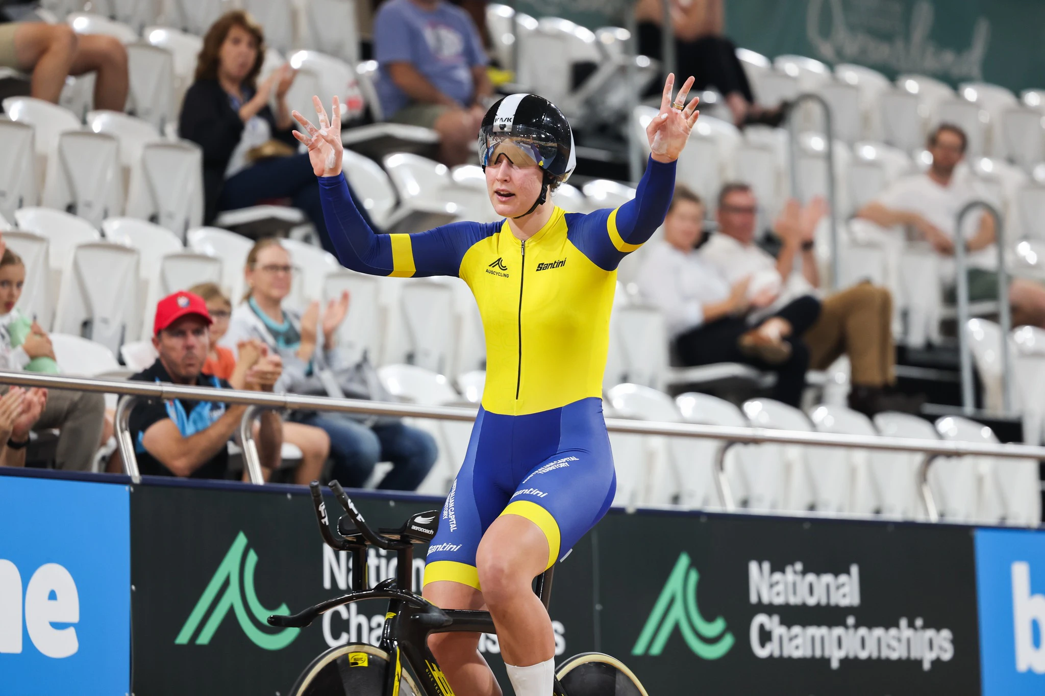 Claudia Marcks celebrates winning the elite women's 1000m time trial national title at the 2025 AusCycling Track National Championships. Picture: Mackenzie Sweetnam
