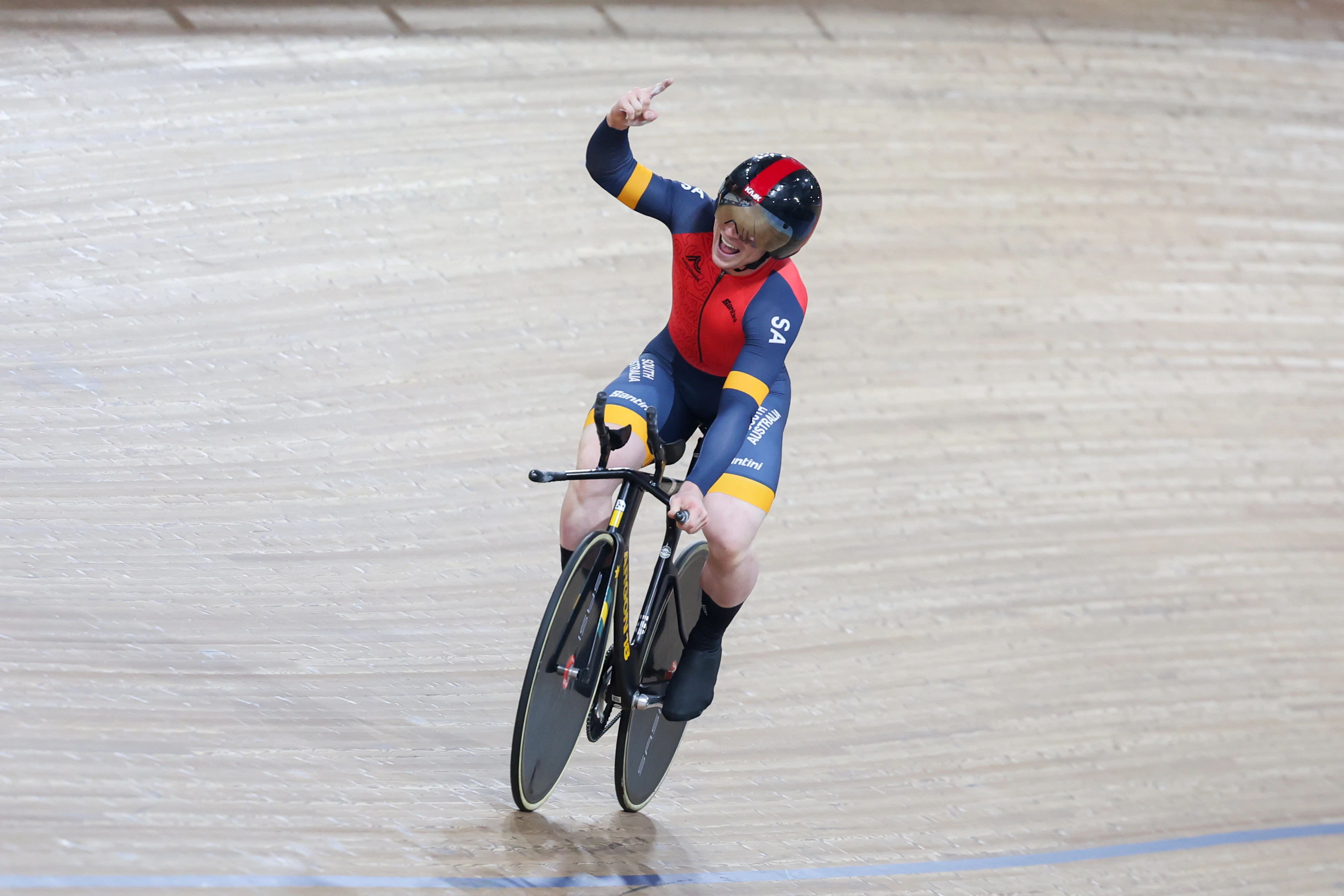 Tayte Ryan celebrates after winning the elite men's 1000m time trial national title at the 2025 AusCycling Track National Championships. Picture: Mackenzie Sweetnam
