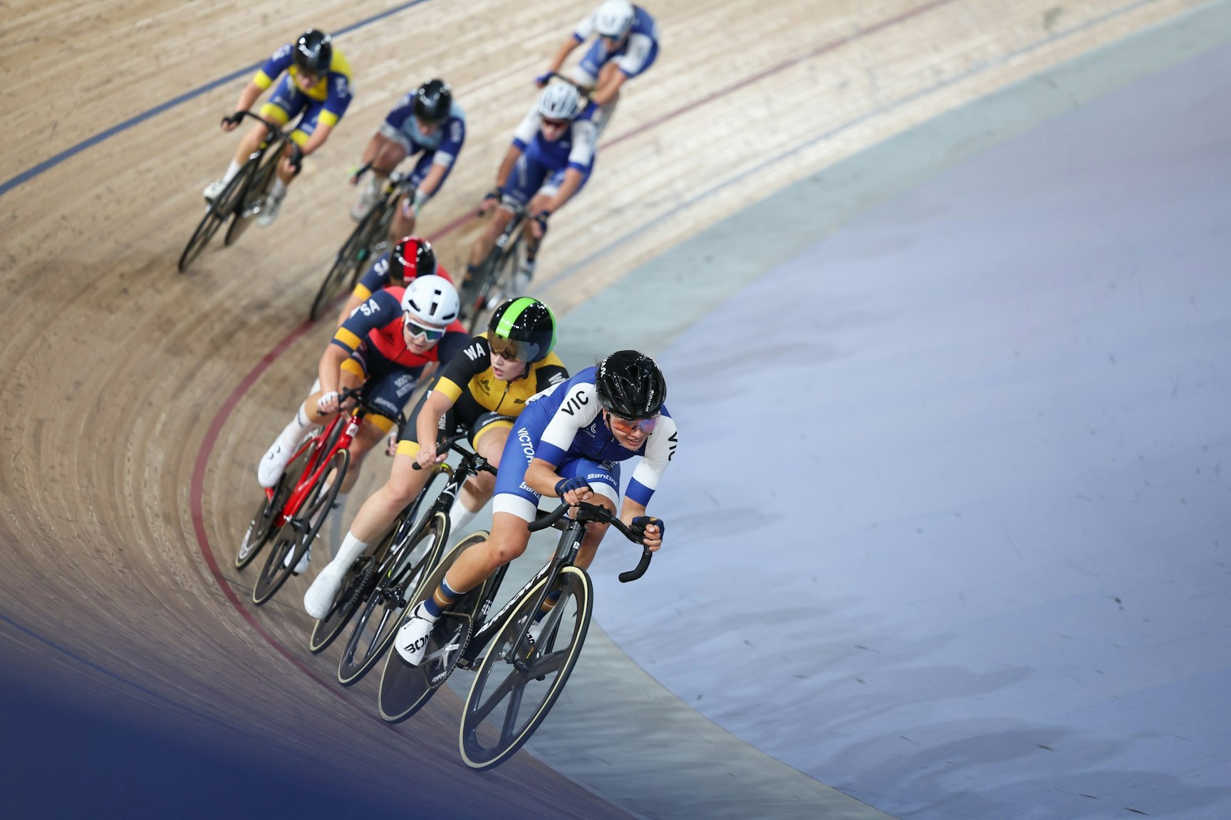 Alyssa Polites racing at the 2025 AusCycling Track National Championships in Brisbane. Picture: Mackenzie Sweetnam