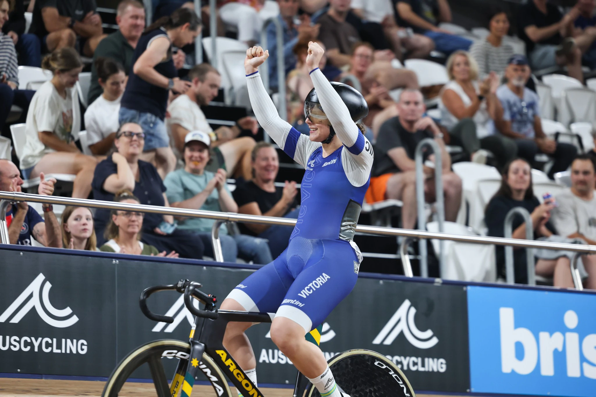Alessia McCaig celebrates winning the elite women's keirin at the 2025 AusCycling Track National Championships. Picture: Mackenzie Sweetnam