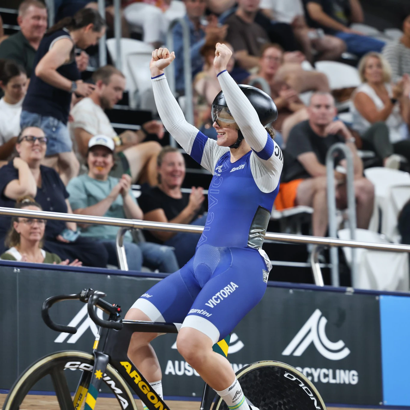 Alessia McCaig celebrates winning the elite women's keirin at the 2025 AusCycling Track National Championships. Picture: Mackenzie Sweetnam