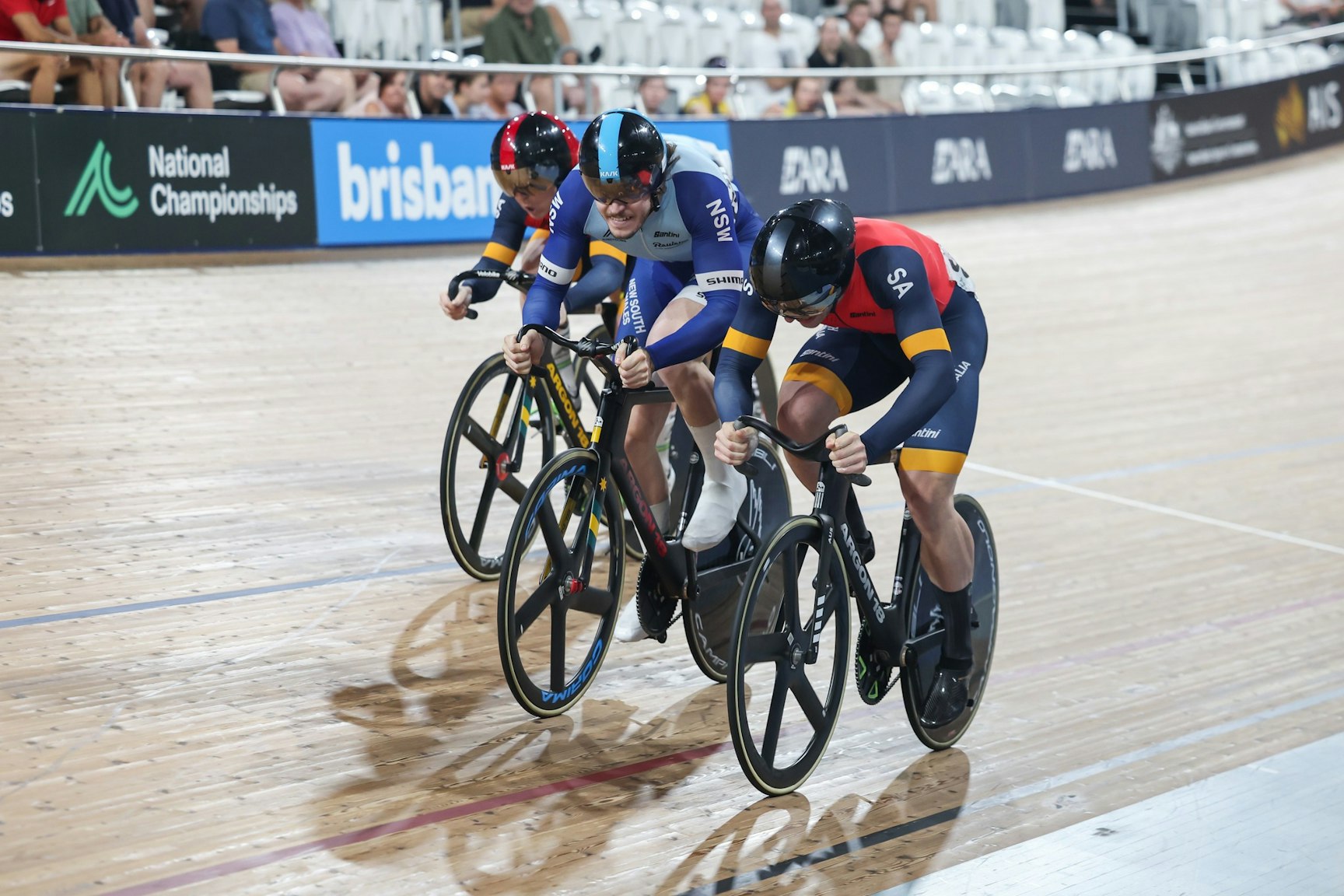 Danny Barber and Leigh Hoffman fight for the keirin national title at the 2025 AusCycling Track National Championships in Brisbane. Picture: Mackenzie Sweetnam