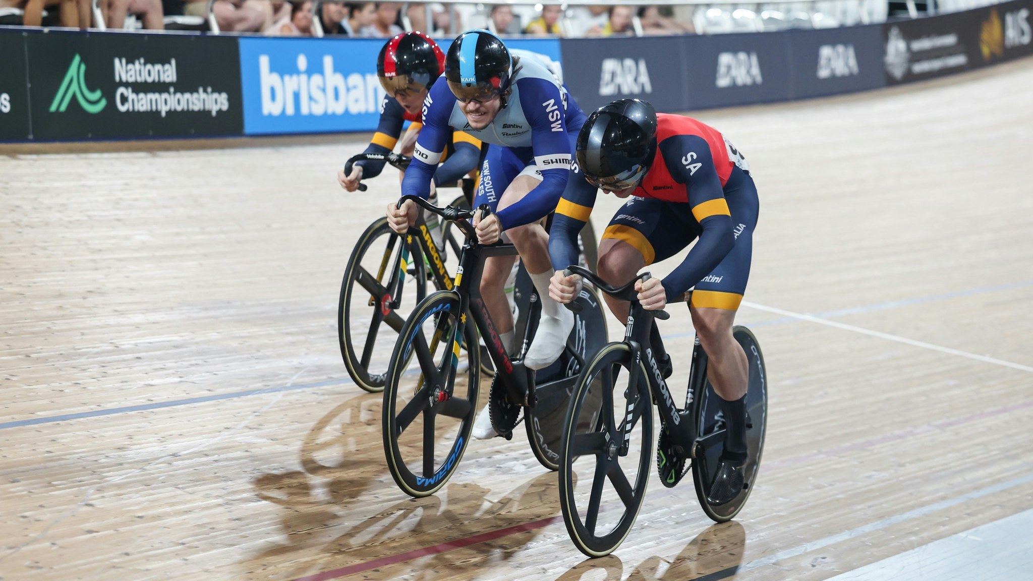 Danny Barber and Leigh Hoffman fight for the keirin national title at the 2025 AusCycling Track National Championships in Brisbane. Picture: Mackenzie Sweetnam