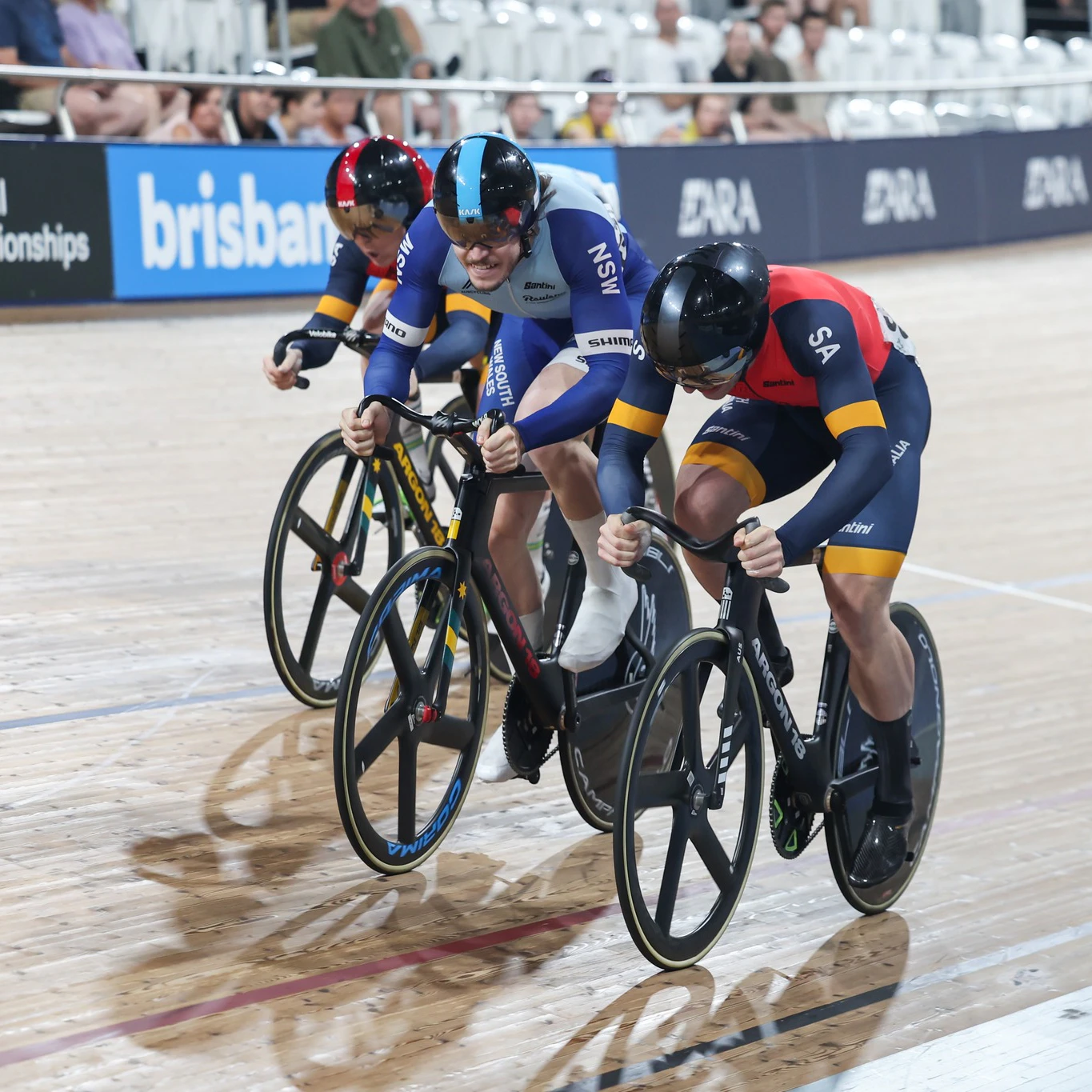 Danny Barber and Leigh Hoffman fight for the keirin national title at the 2025 AusCycling Track National Championships in Brisbane. Picture: Mackenzie Sweetnam