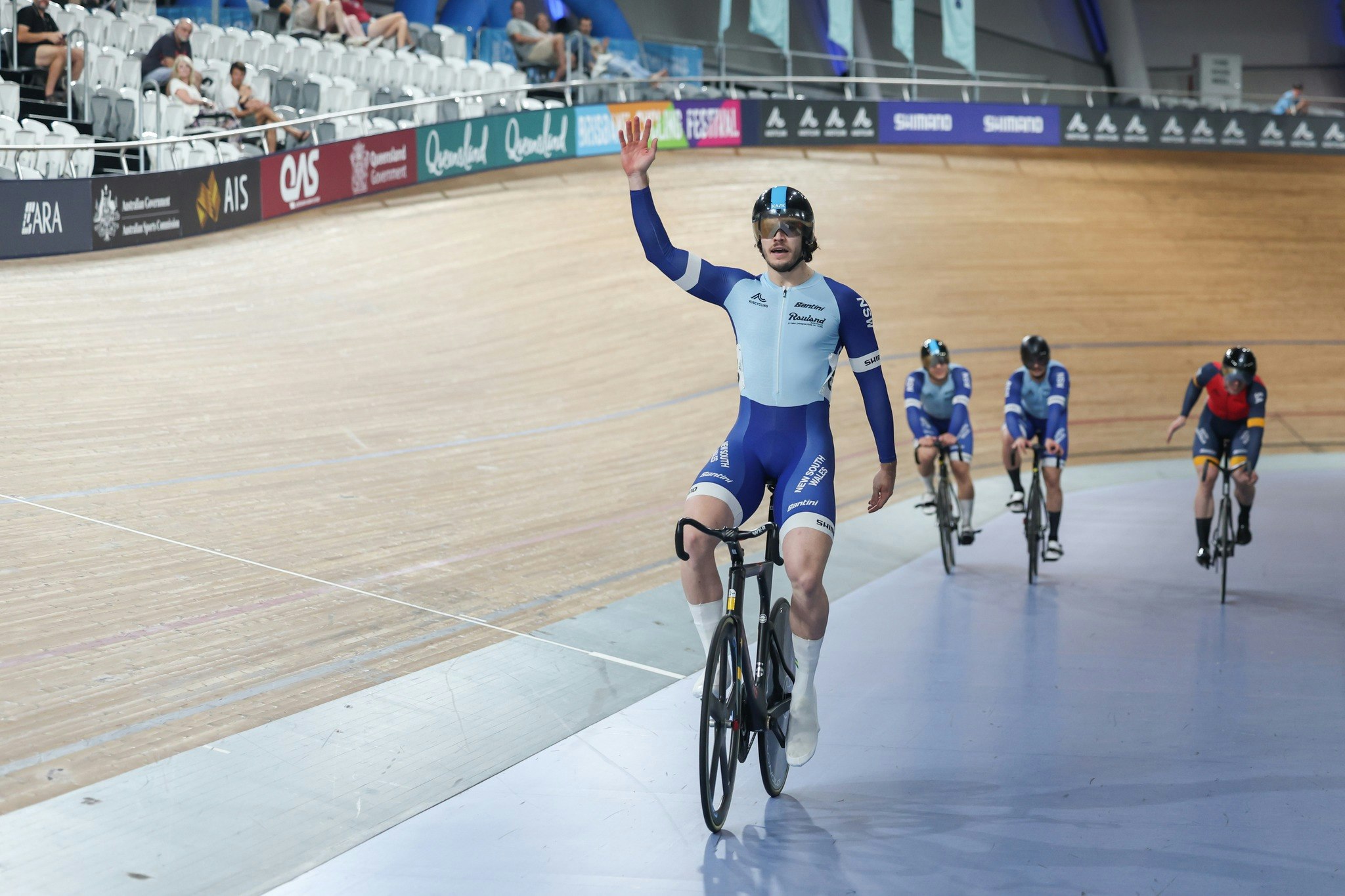 Danny Barber celebrates winning the elite men's keirin at the 2025 AusCycling Track National Championships. Picture: Mackenzie Sweetnam