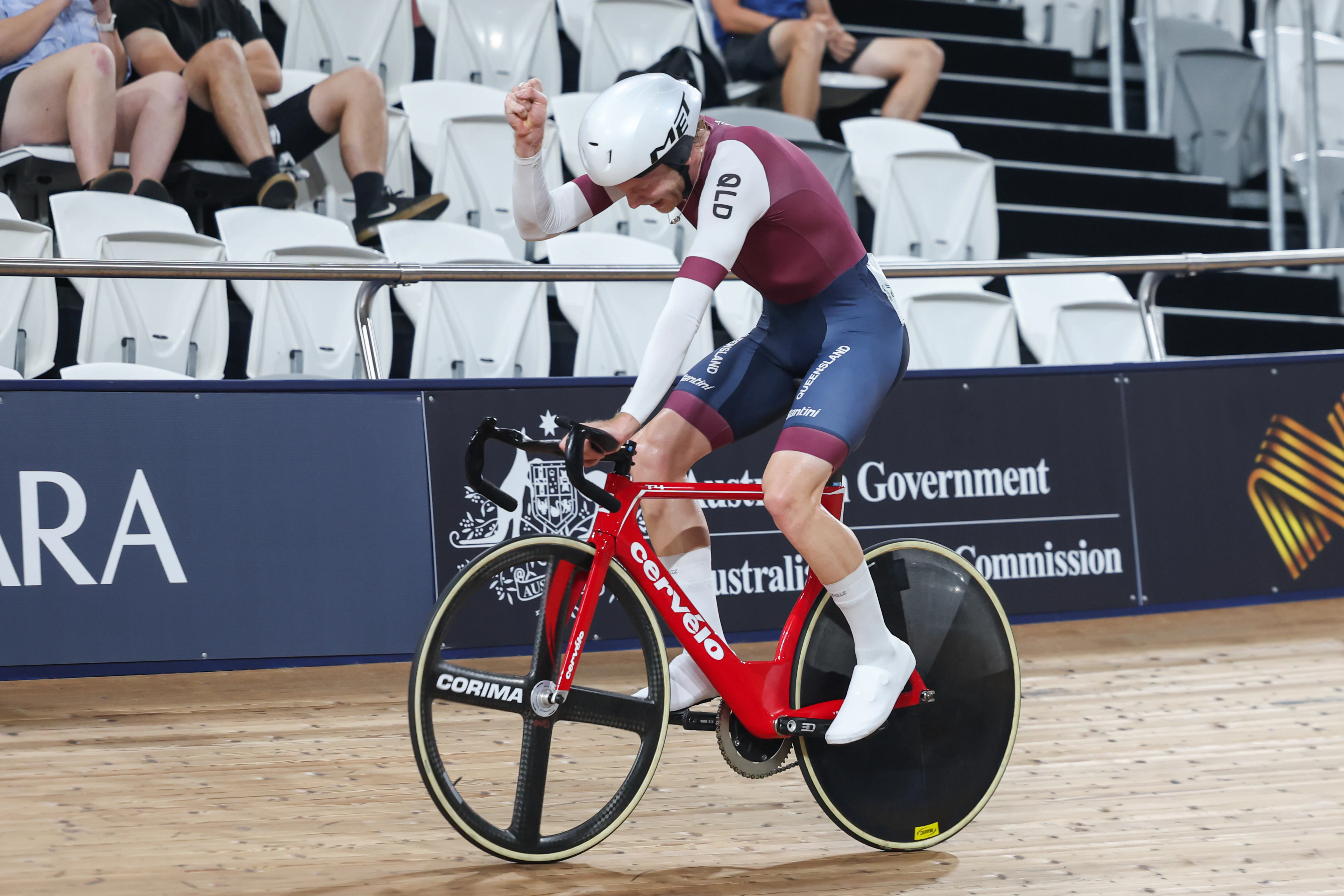 Rohan Haydo-Smith celebrates winning the elite men's points race national title at the 2025 AusCycling Track National Championships in Brisbane. Picture: Mackenzie Sweetnam