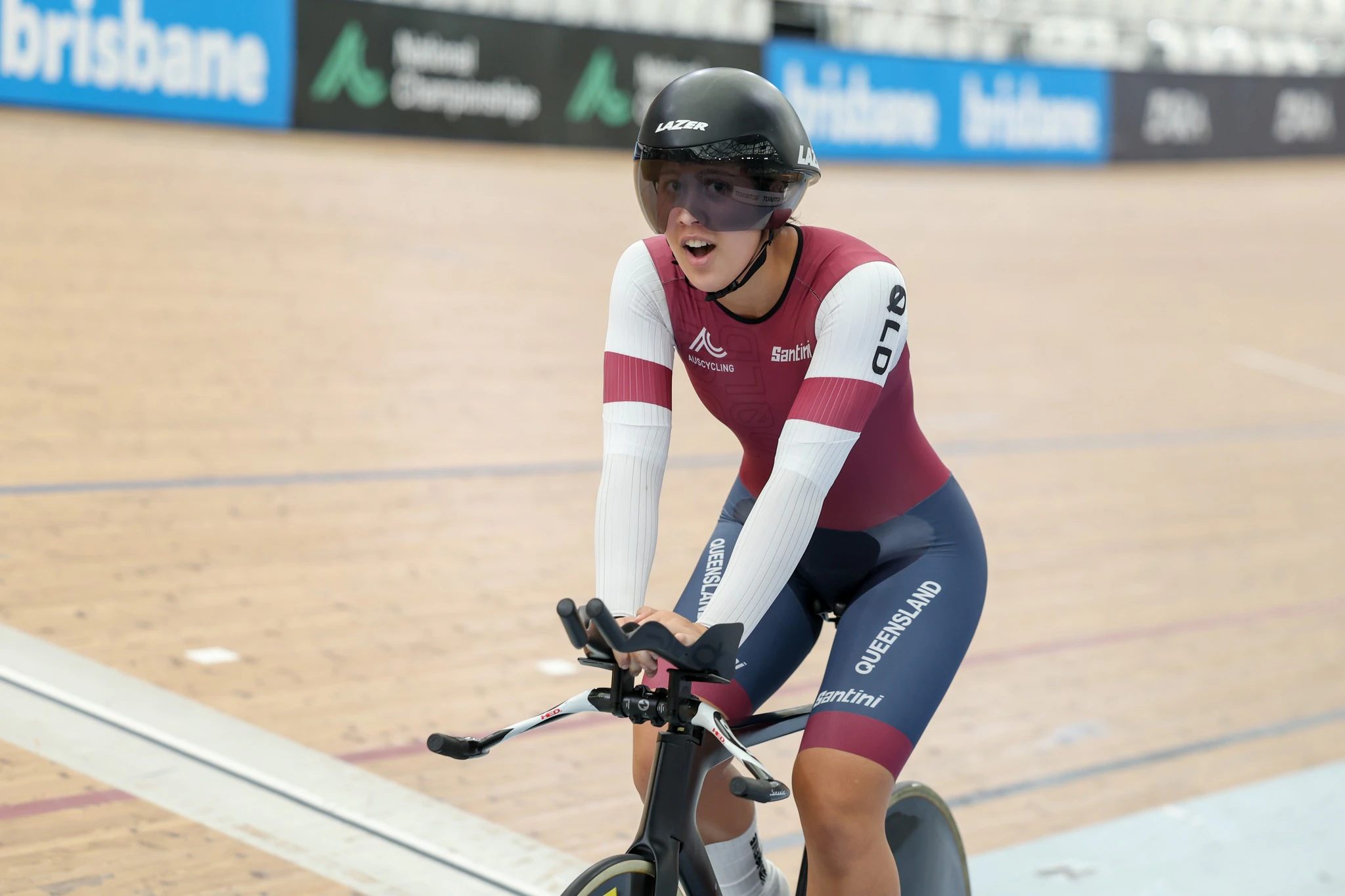 Ella Liang reacts after setting a new junior women's 1000m time trial world record at the 2025 AusCycling Track National Championships in Brisbane. Picture: Mackenzie Sweetnam