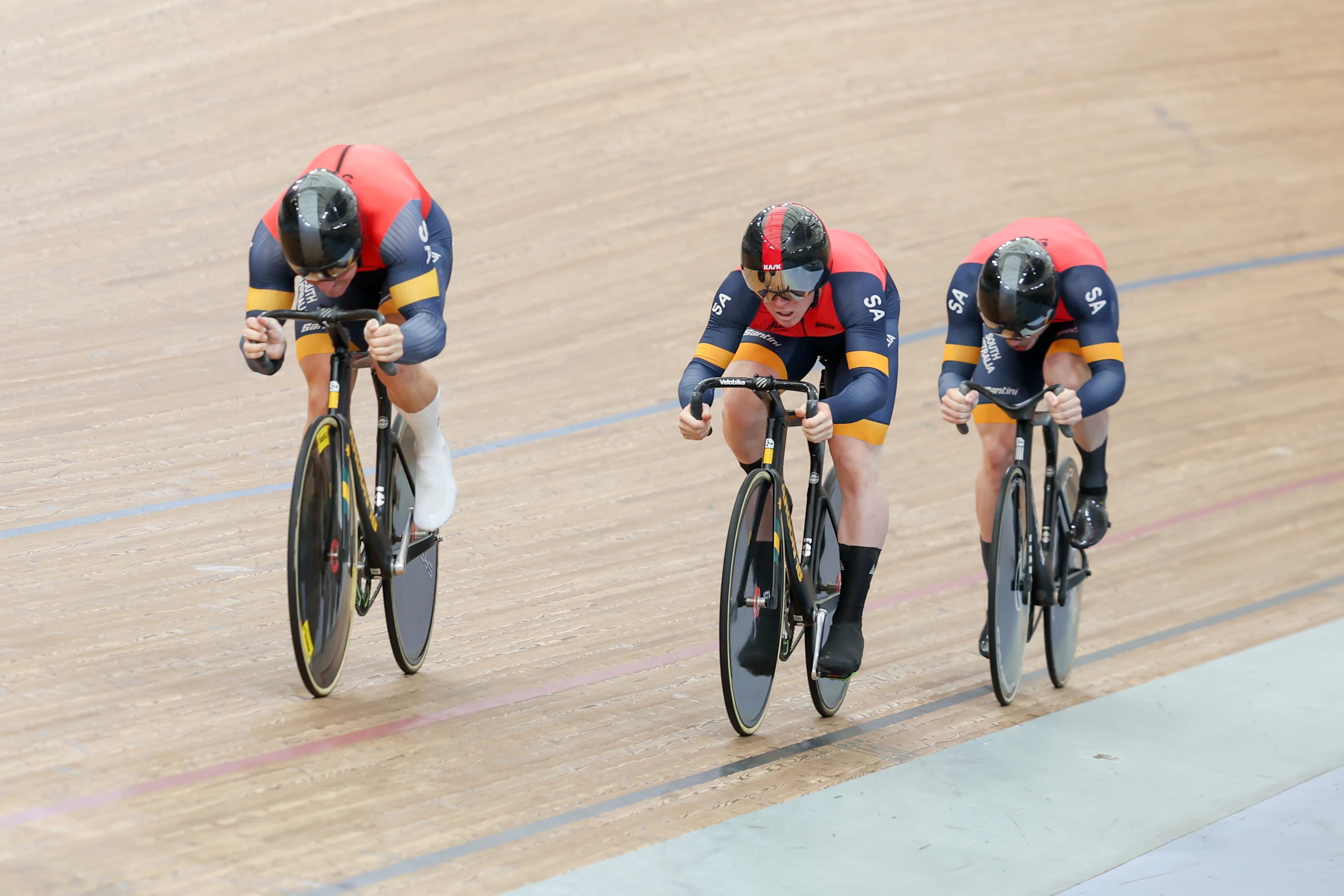 Maxwell Liebeknecht, Tayte Ryan and Leigh Hoffman racing at the 2025 AusCycling Track National Championships in Brisbane. Picture: Mackenzie Sweetnam