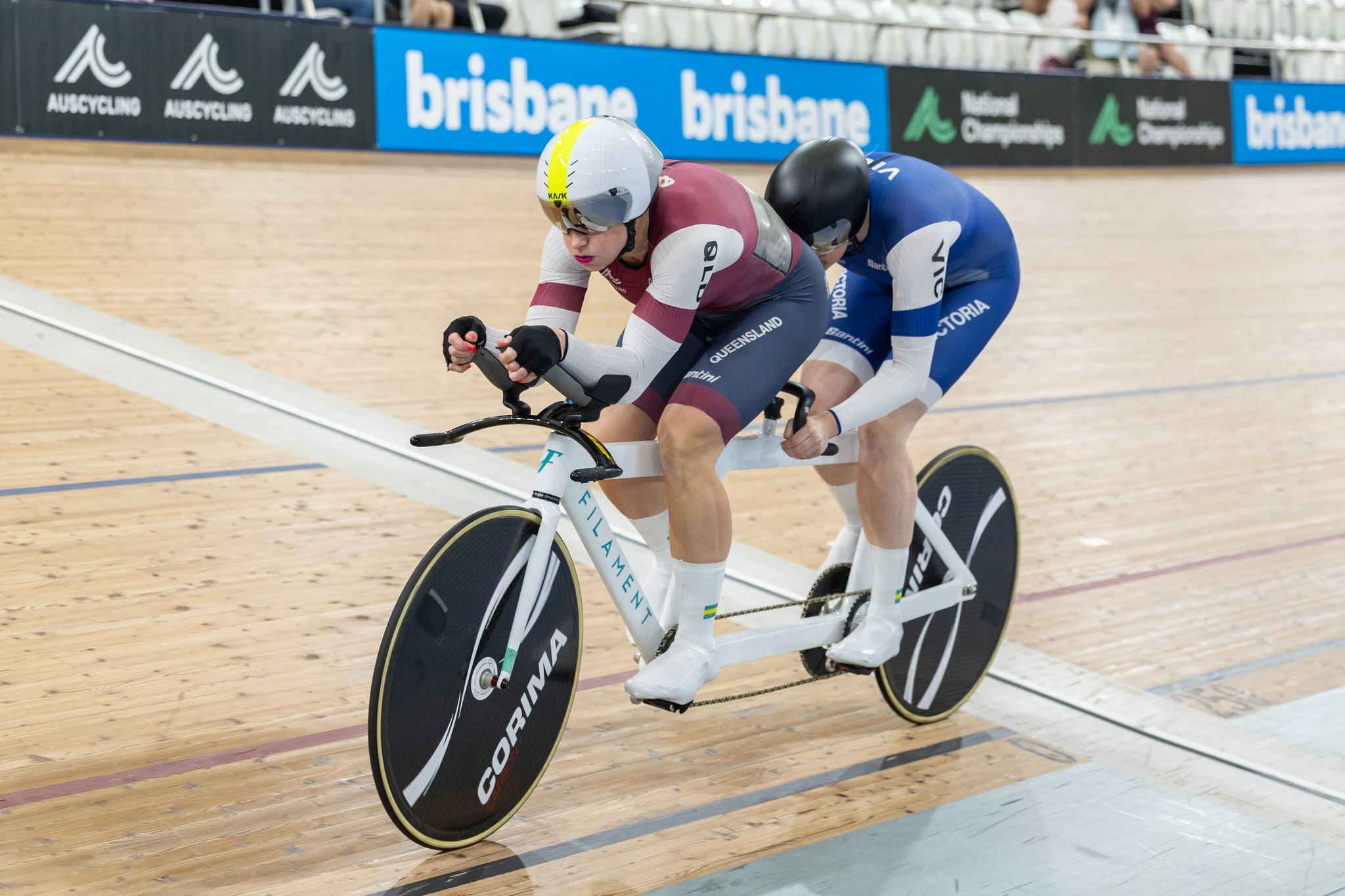 Jacqui Mengler-Mohr pilots Jessica Gallagher during the Tandem Women's 1000m Time Trial at the 2025 AusCycling Track National Championships. Picture: Mackenzie Sweetnam