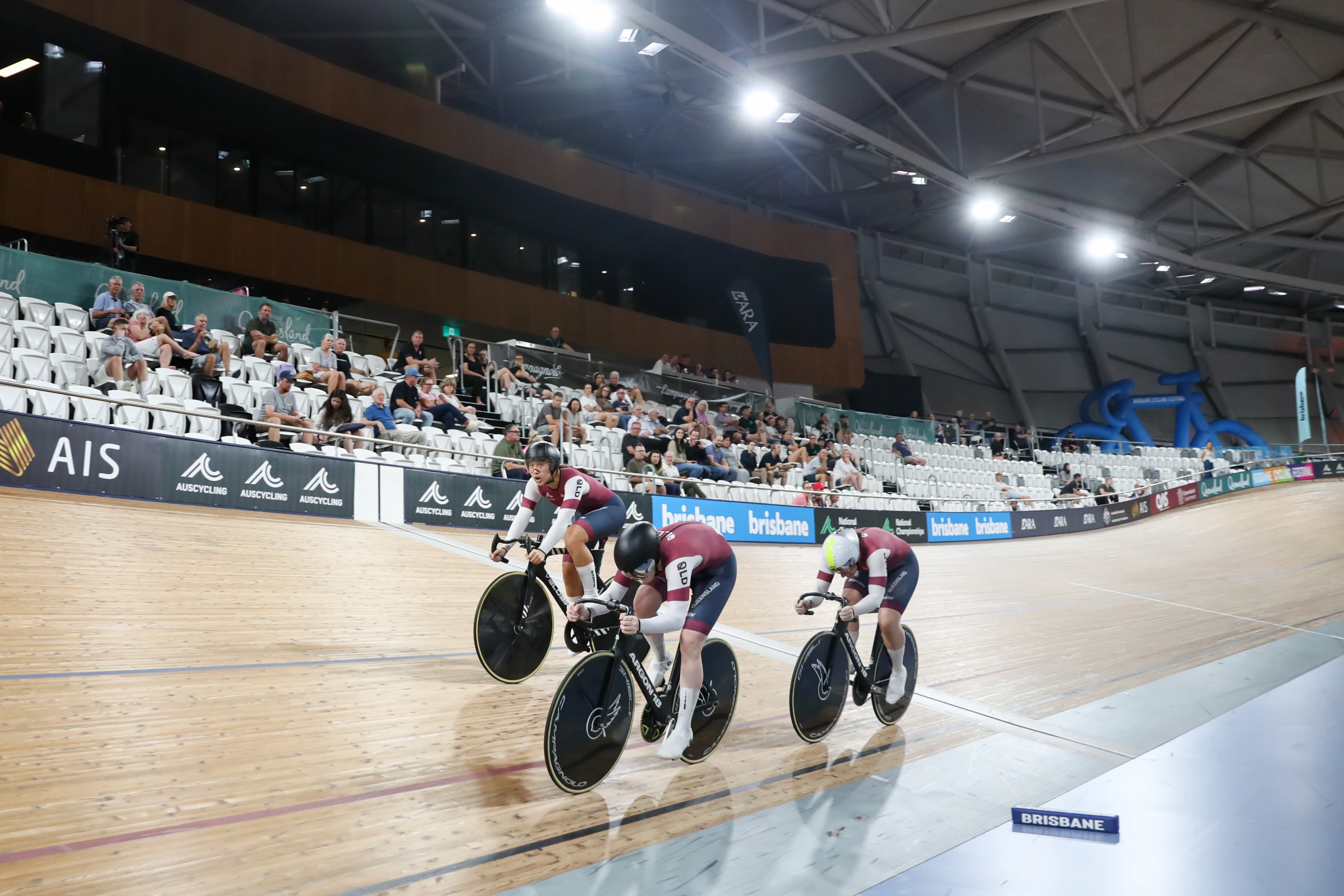 Queensland's elite women's team sprint (Ella Liang, Deneaka Blinco, Emma Stevens) riding to gold at the 2025 AusCycling Track National Championships. Picture: Mackenzie Sweetnam