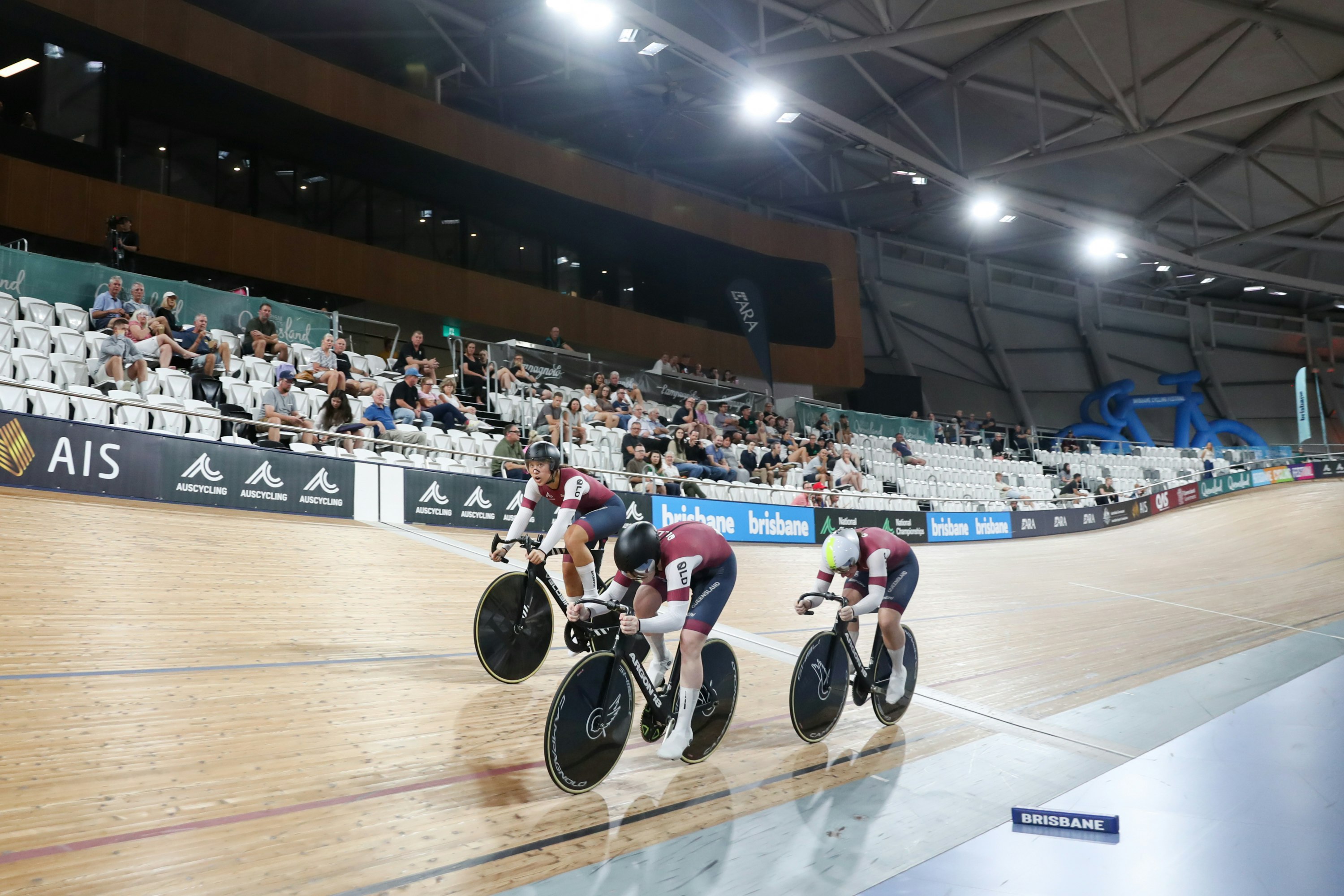 Queensland's elite women's team sprint (Ella Liang, Deneaka Blinco, Emma Stevens) riding to gold at the 2025 AusCycling Track National Championships. Picture: Mackenzie Sweetnam