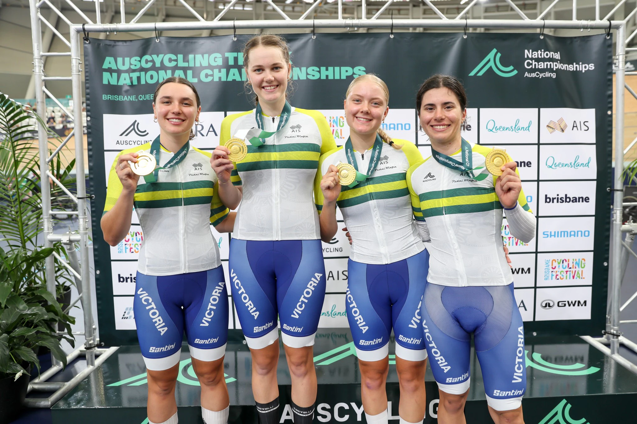 Victoria (Sophie Marr, Lilyth Jones, Alana Hribar and Alyssa Polites) elite women's team pursuit squad after winning the national title at the 2025 AusCycling Track National Championships. Picture: Mackenzie Sweetnam
