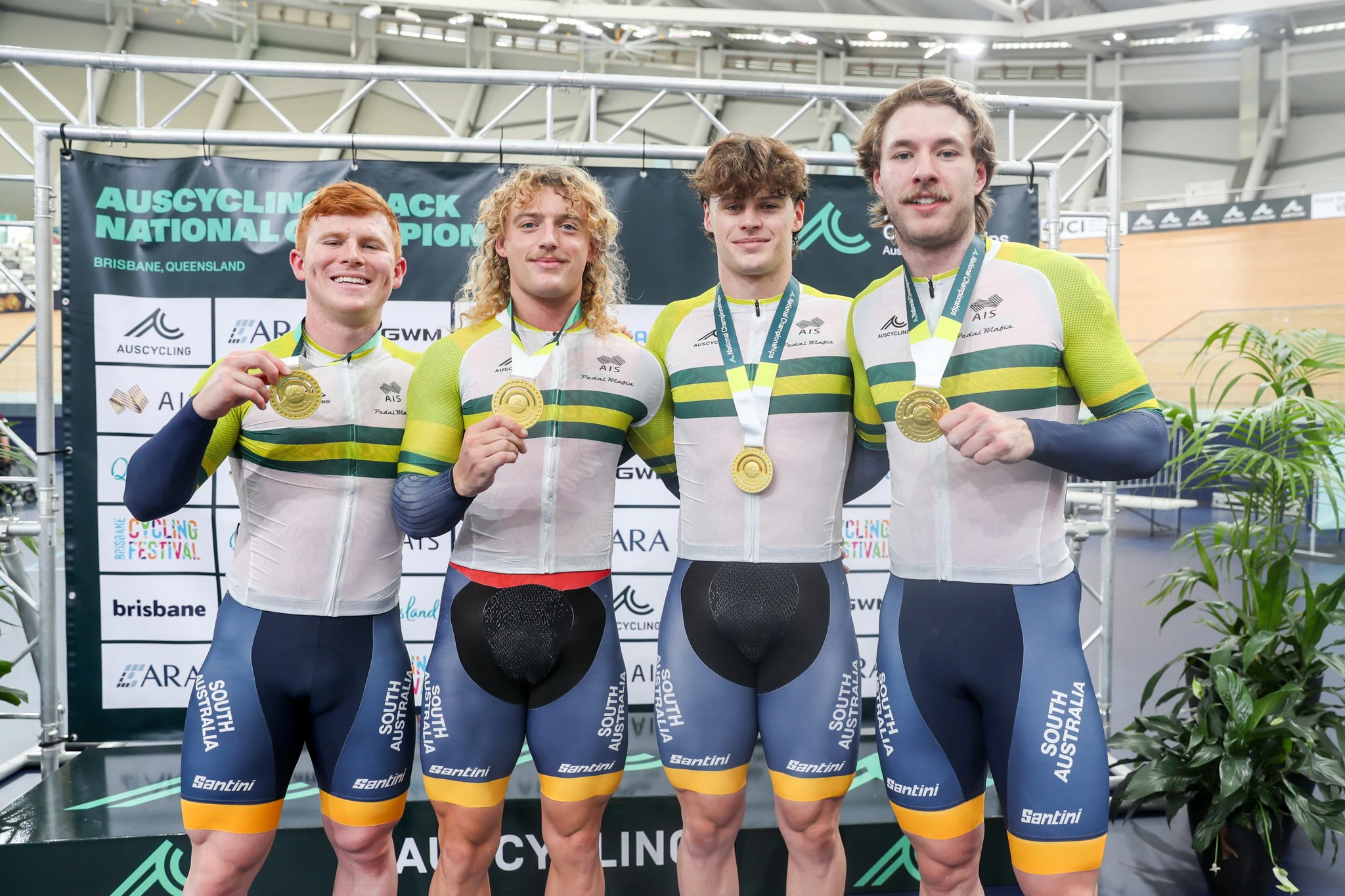 South Australia (Tayte Ryan, Maxwell Liebeknecht, James Brister and Leigh Hoffman) are the elite men's team sprint national champions at the 2025 AusCycling Track National Championships. Picture: Mackenzie Sweetnam