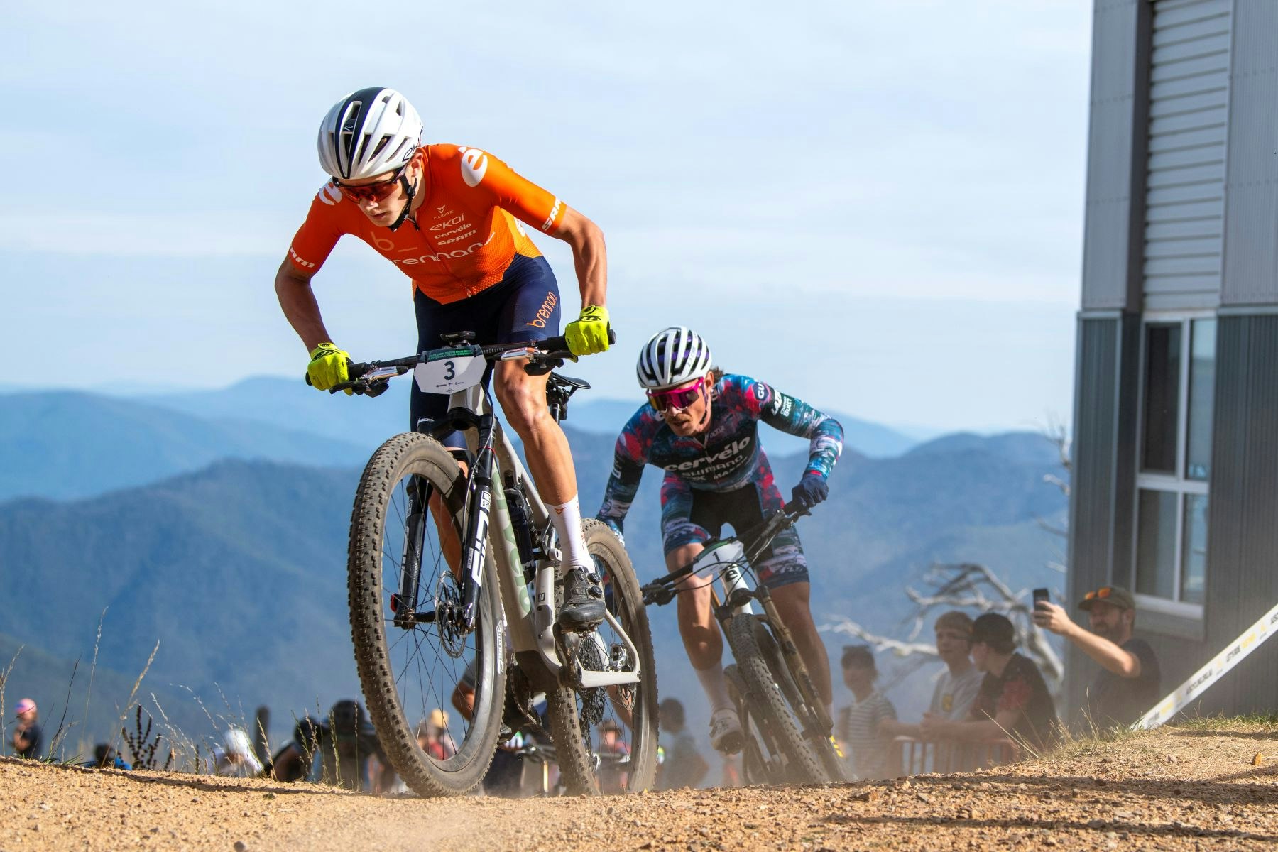 Two riders compete in the Cross Country Olympic race at the Australian MTB National Championships at Mount Buller.