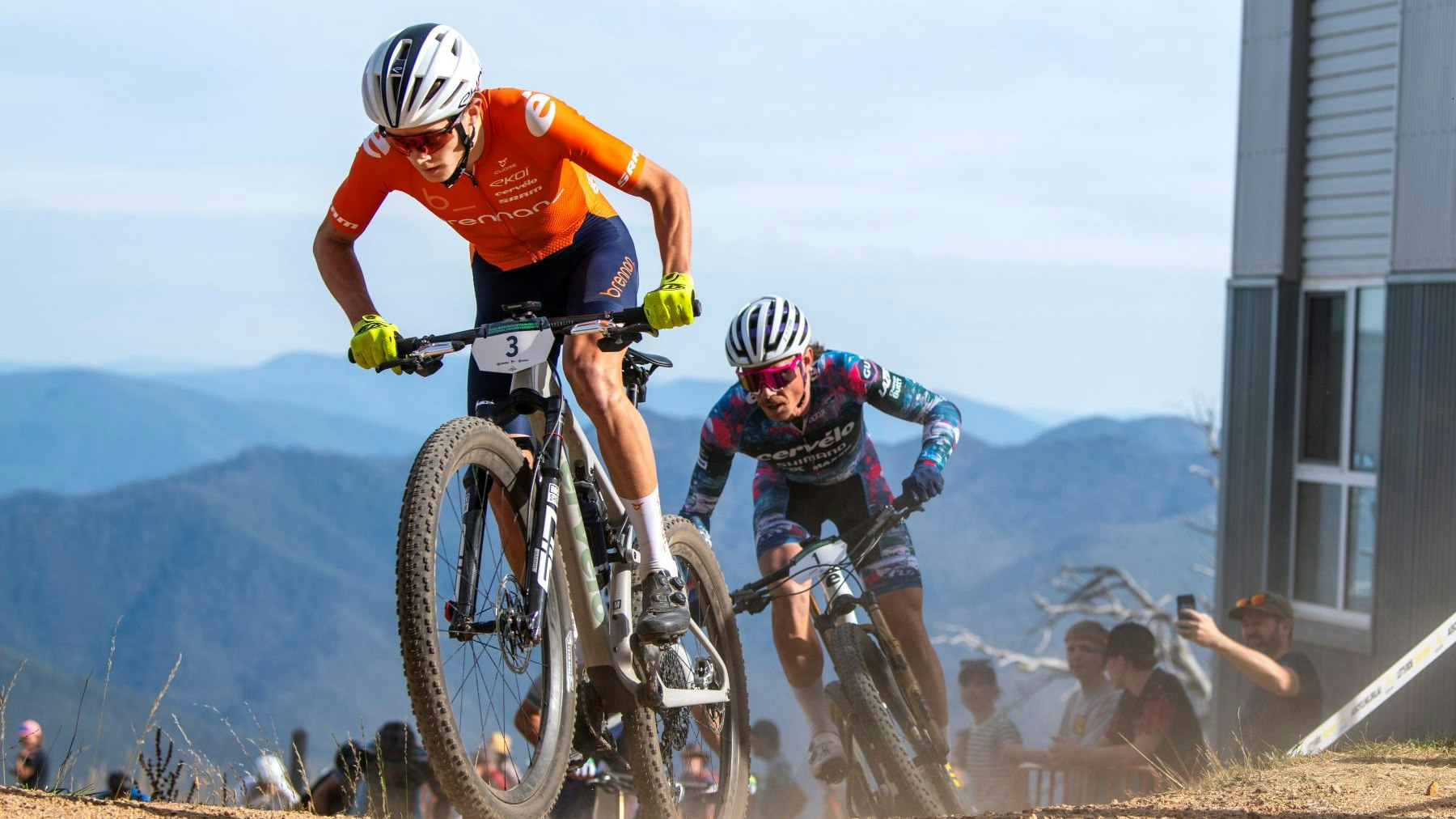 Two riders compete in the Cross Country Olympic race at the Australian MTB National Championships at Mount Buller.