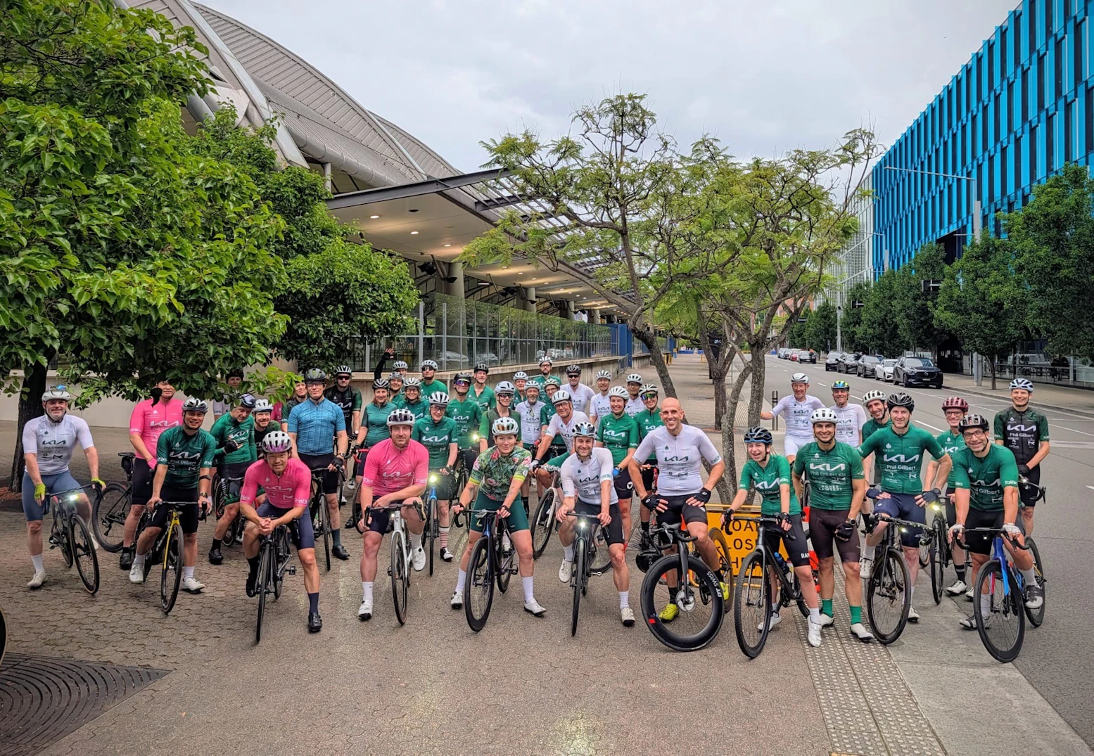 A group photography of road cyclists from Parklife Cycling Club in Sydney Olympic Park