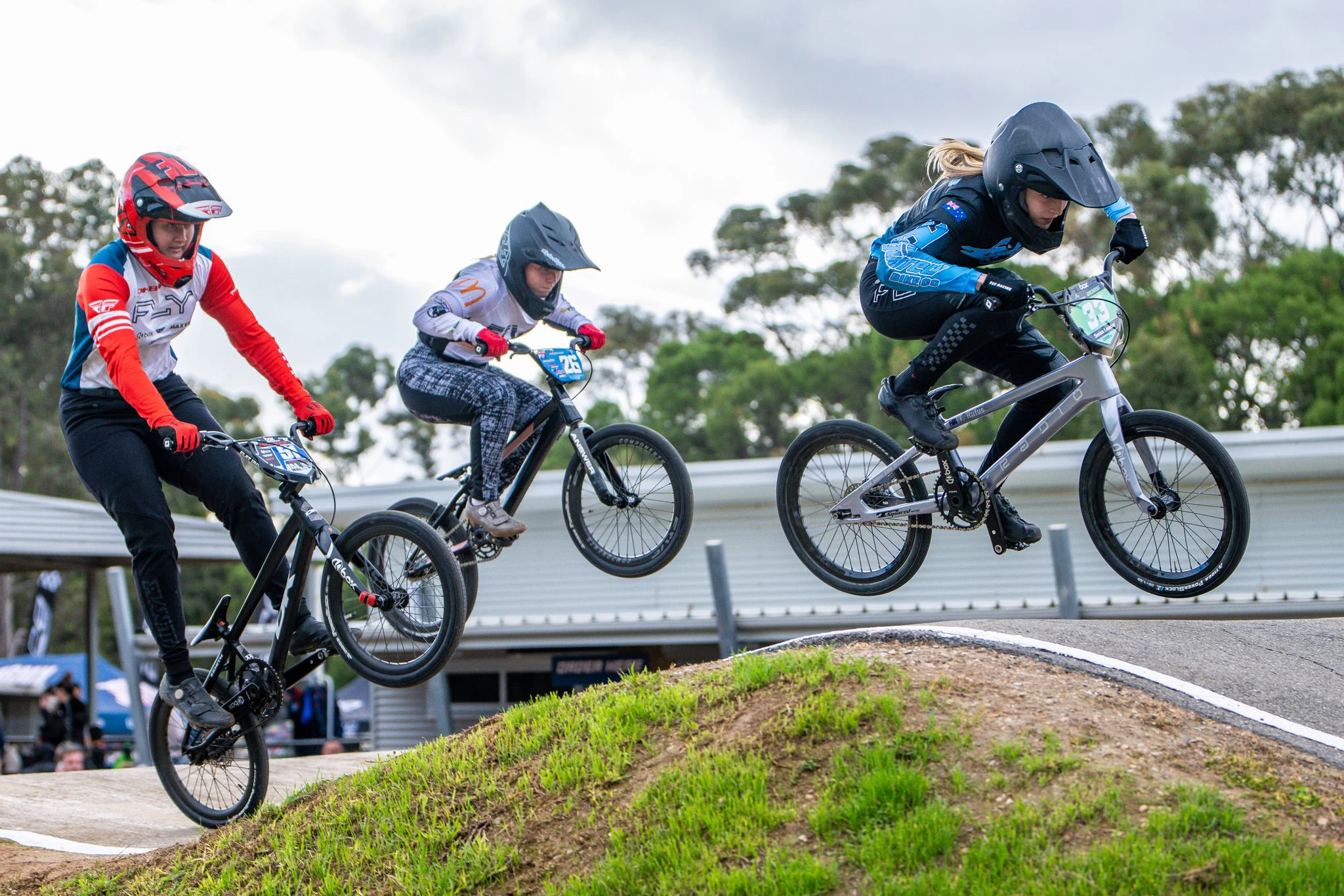 Teya Rufus, Mia Webster and Imogen Healy racing Round 5 of the 2025 AusCycling BMX Racing National Series at Cross Keys BMX Club. Picture: Get Snapt