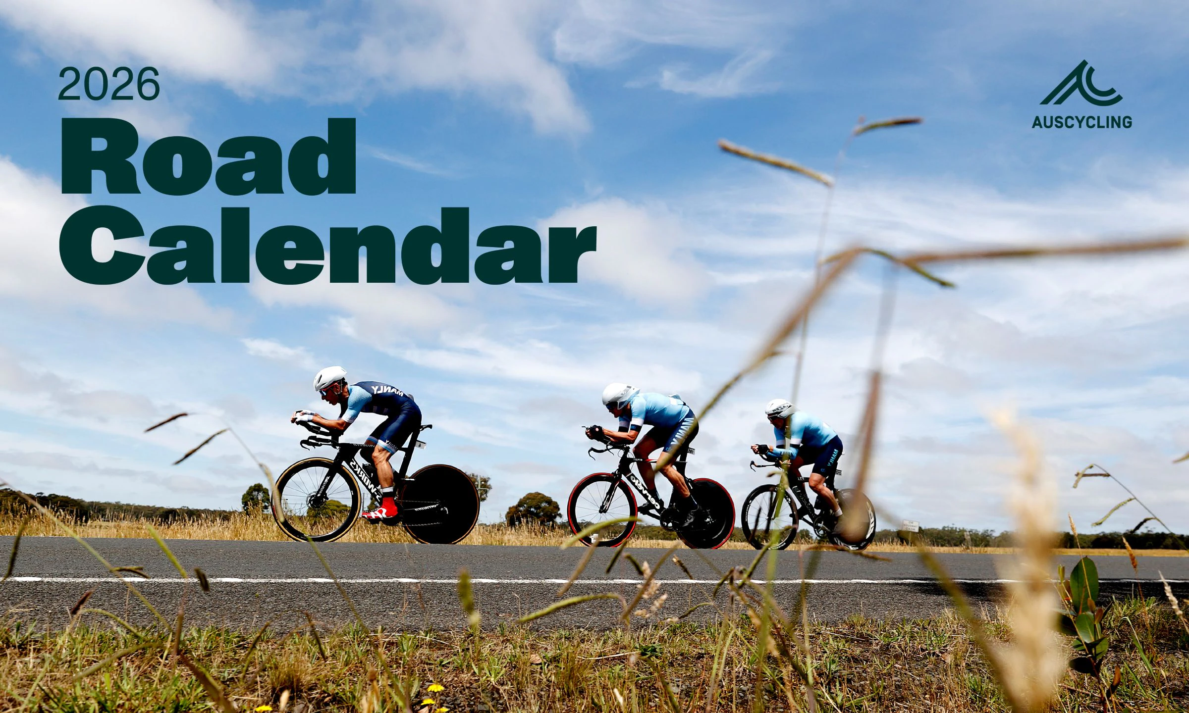 AusCycling 2026 Road Calendar header image featuring three riders in a team time trial under sunny blue skies.