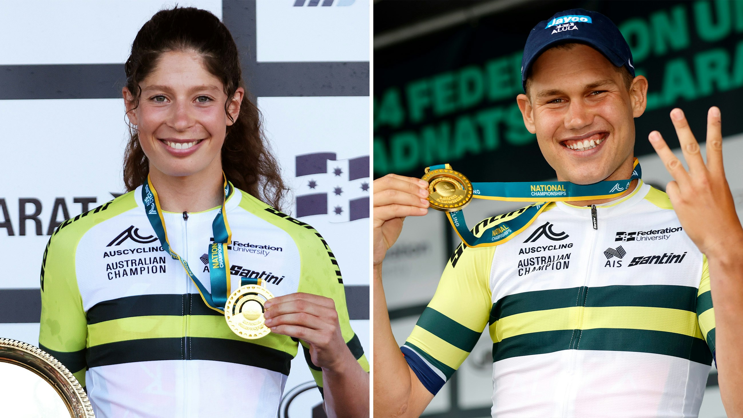 2024 Australian national road race champions Ruby Roseman-Gannon and Lucas Plapp posing with their gold medals and national champion's jerseys