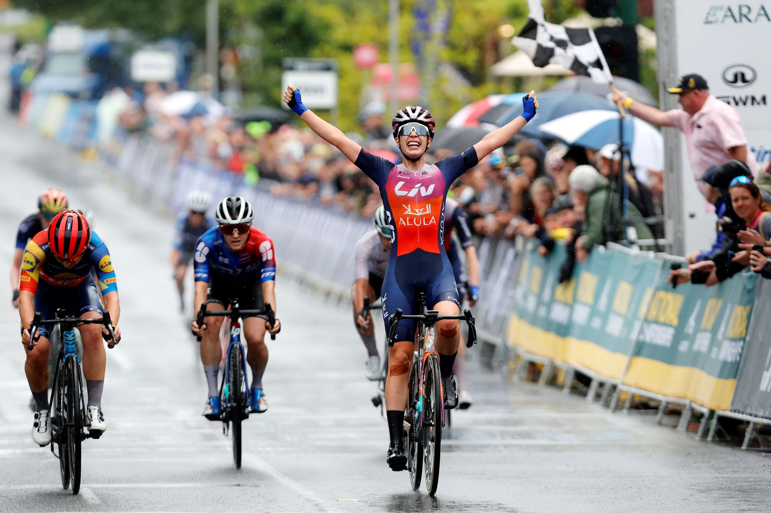 Ruby Roseman-Gannon celebrates winning the 2024 elite women road race national championship in Buninyong, Ballarat