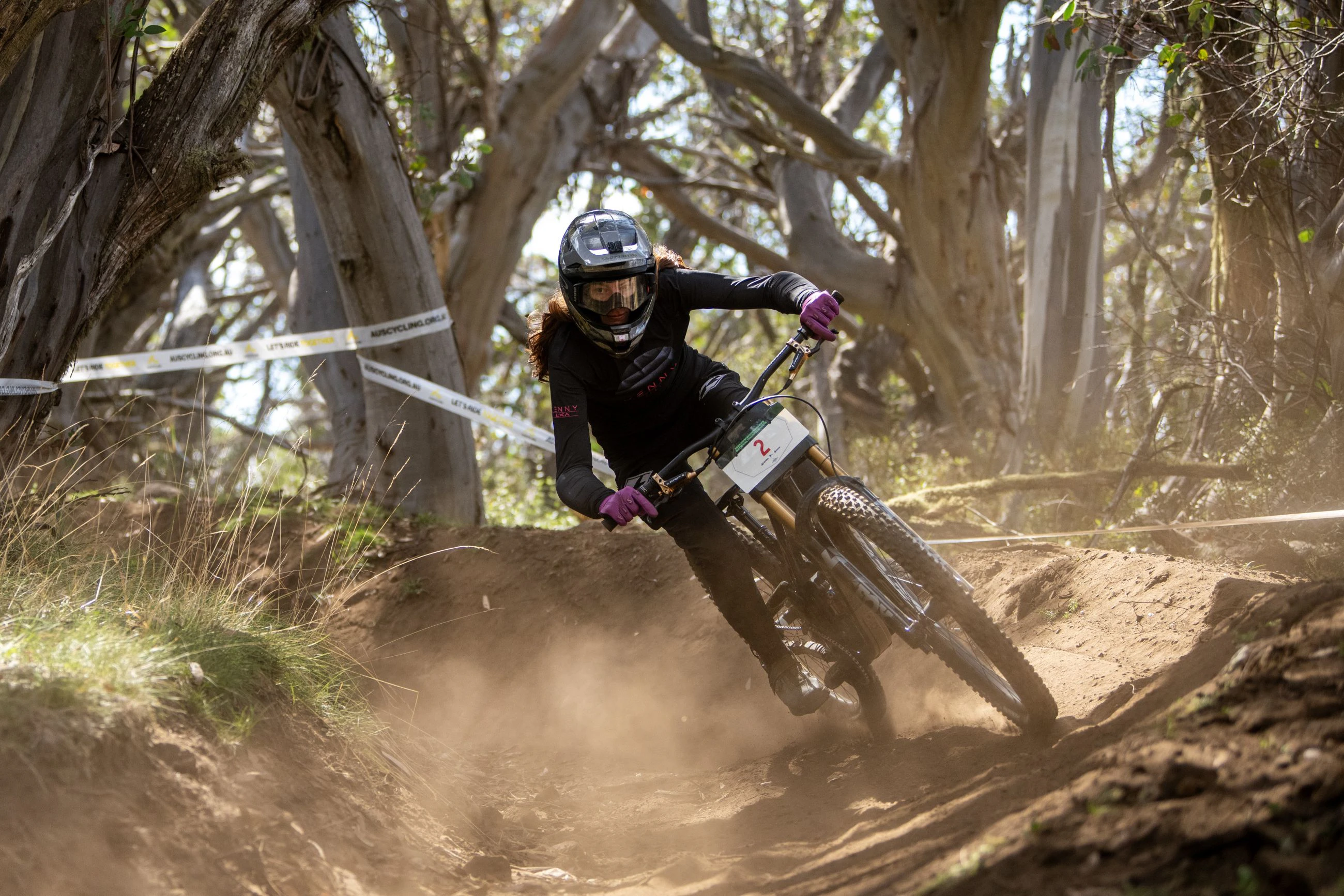 Australian downhill mountain biker Sacha Mills in practice at the 2025 GWM Mountain Bike National Championships at Mount Buller. Photo by Matt Rousu