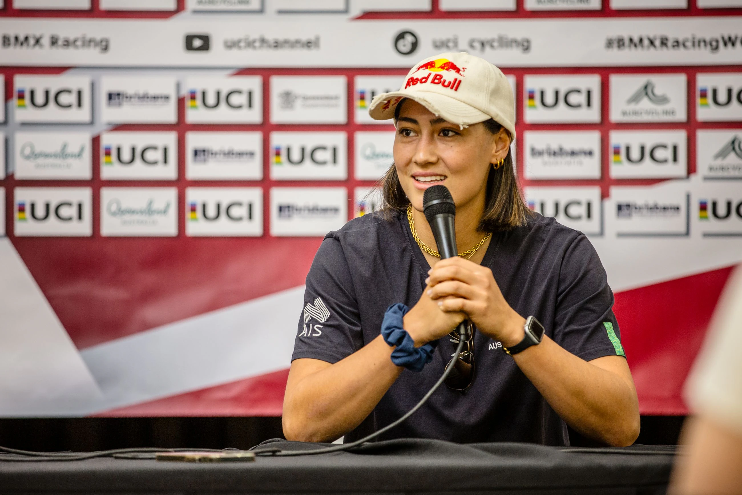 Australian BMX racing cyclist Saya Sakakibara at a press conference ahead of the 2024 UCI BMX Racing World Cup in Brisbane. Photo by Craig Dutton
