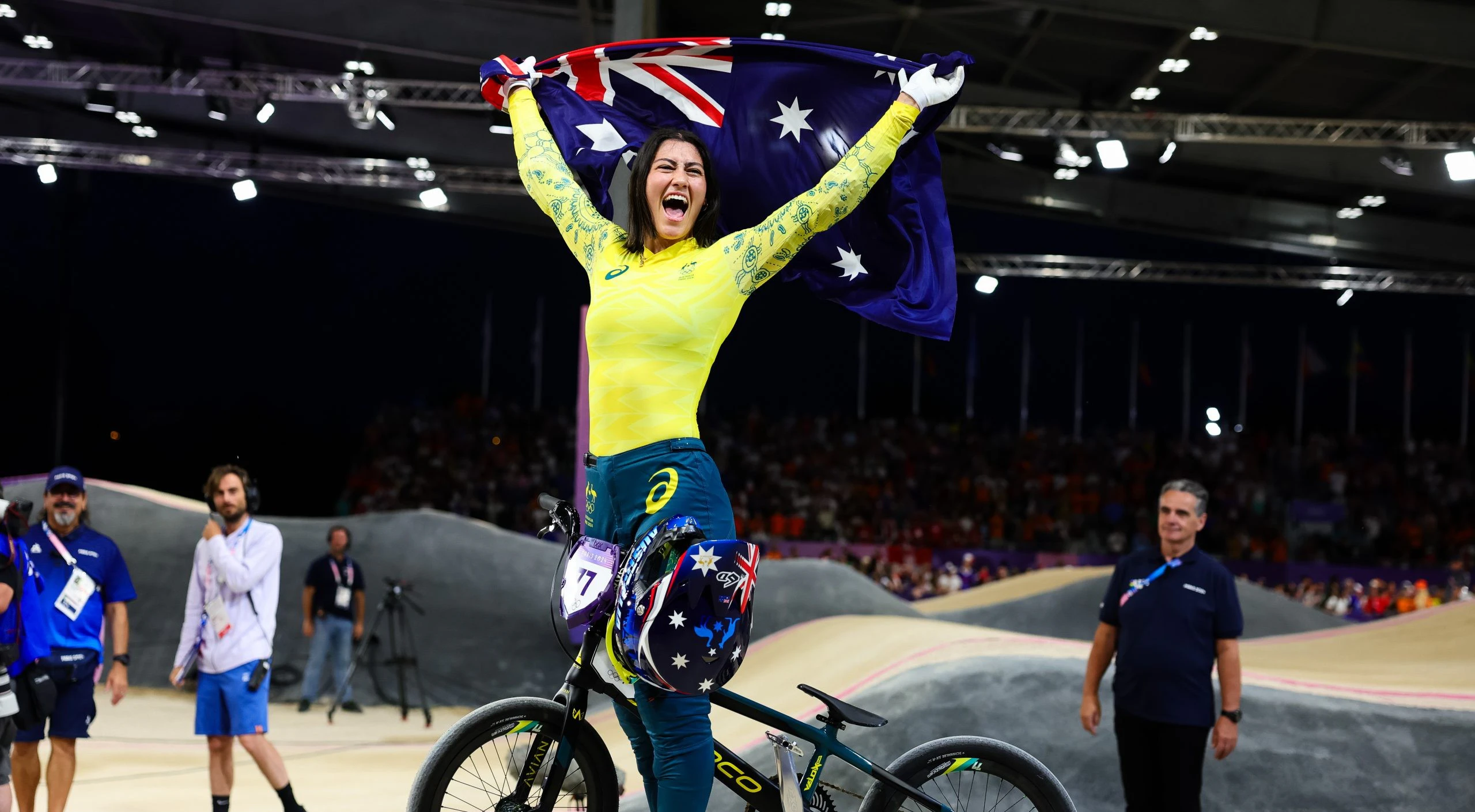Saya Sakakibara celebrates after winning BMX racing Olympic gold in Paris. Picture: Getty Images