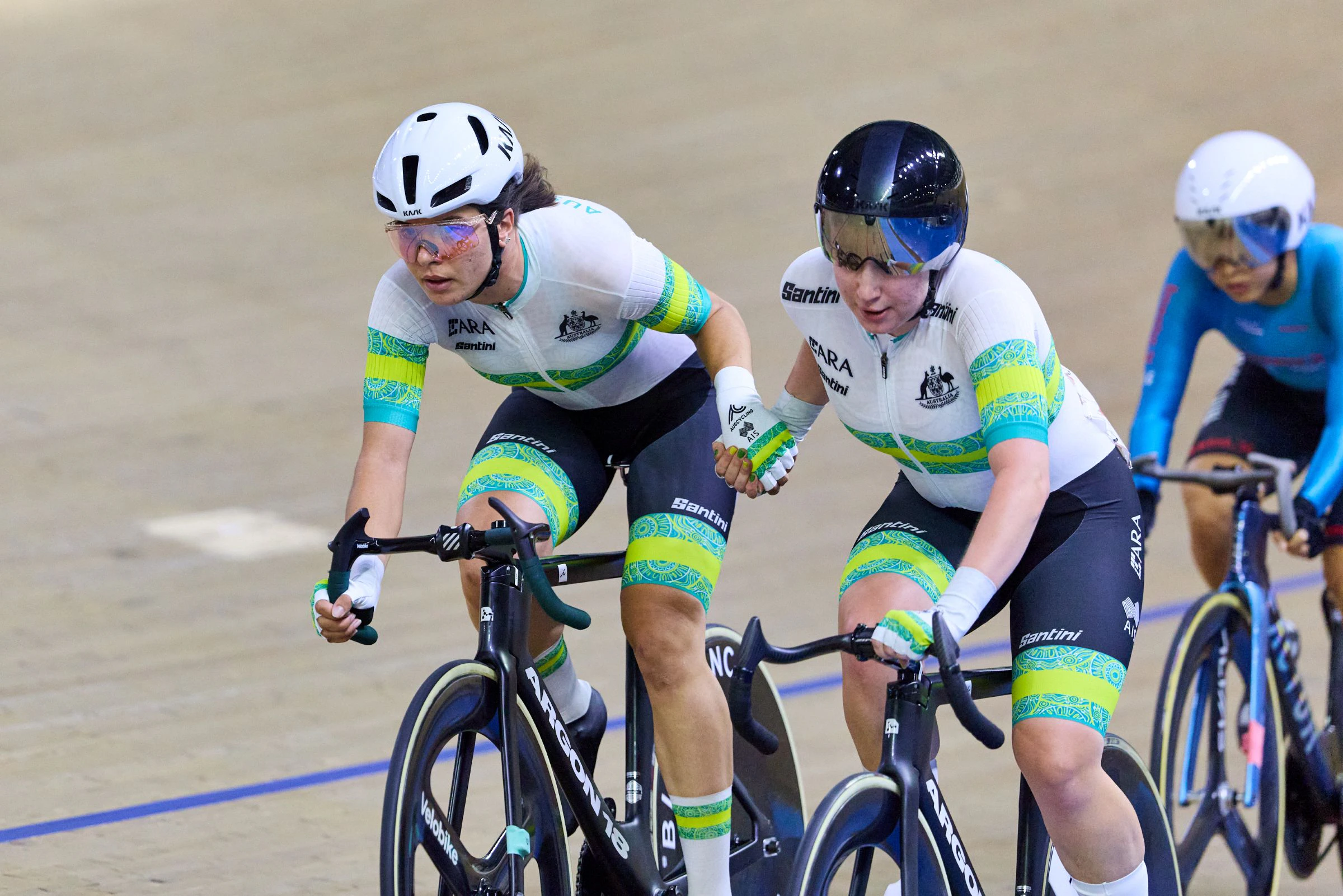 Alyssa Polites and Keira Will compete for Australia in the UCI Track World Cup - Perth in the women's Madison event