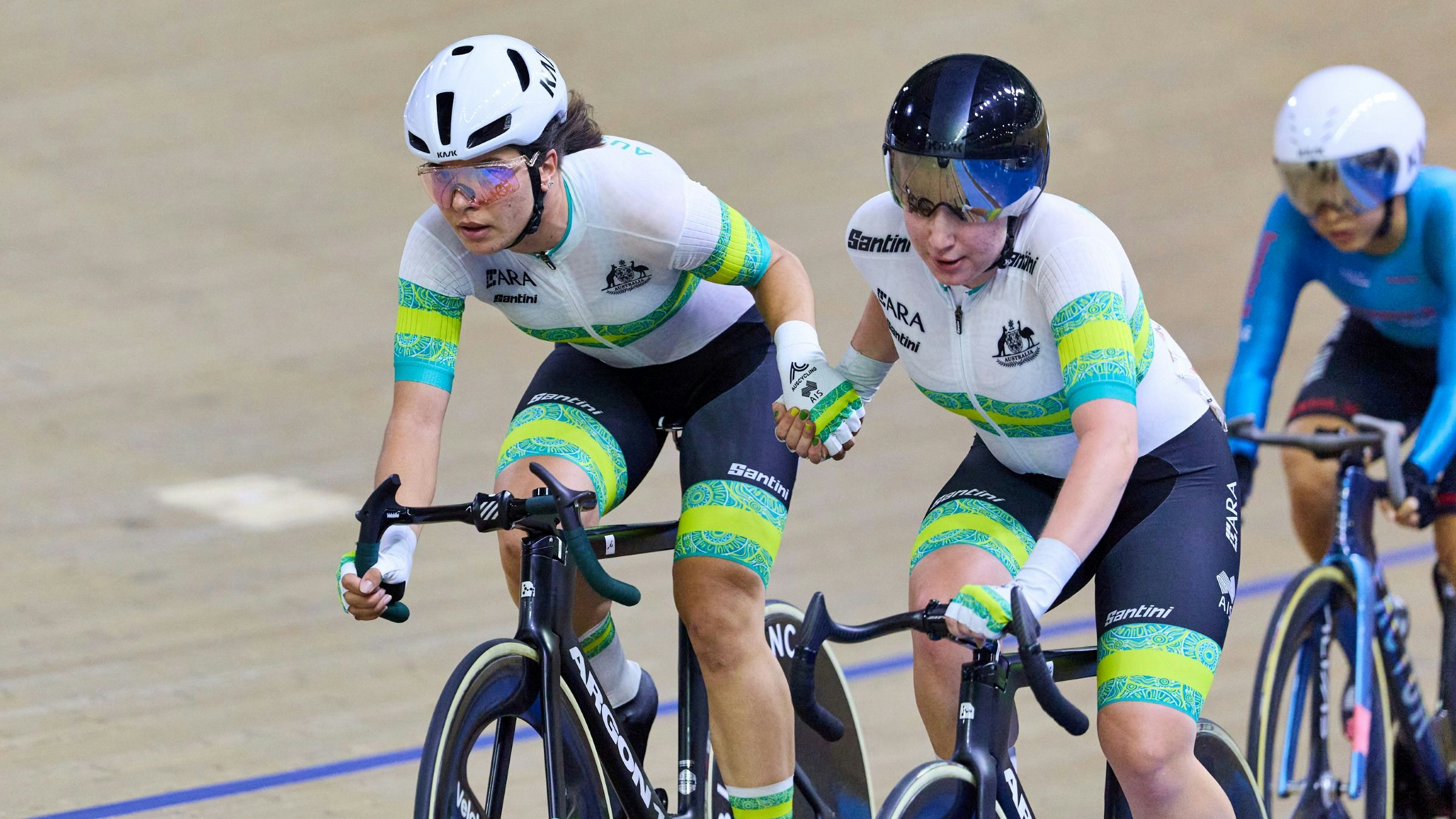 Alyssa Polites and Keira Will compete for Australia in the UCI Track World Cup - Perth in the women's Madison event