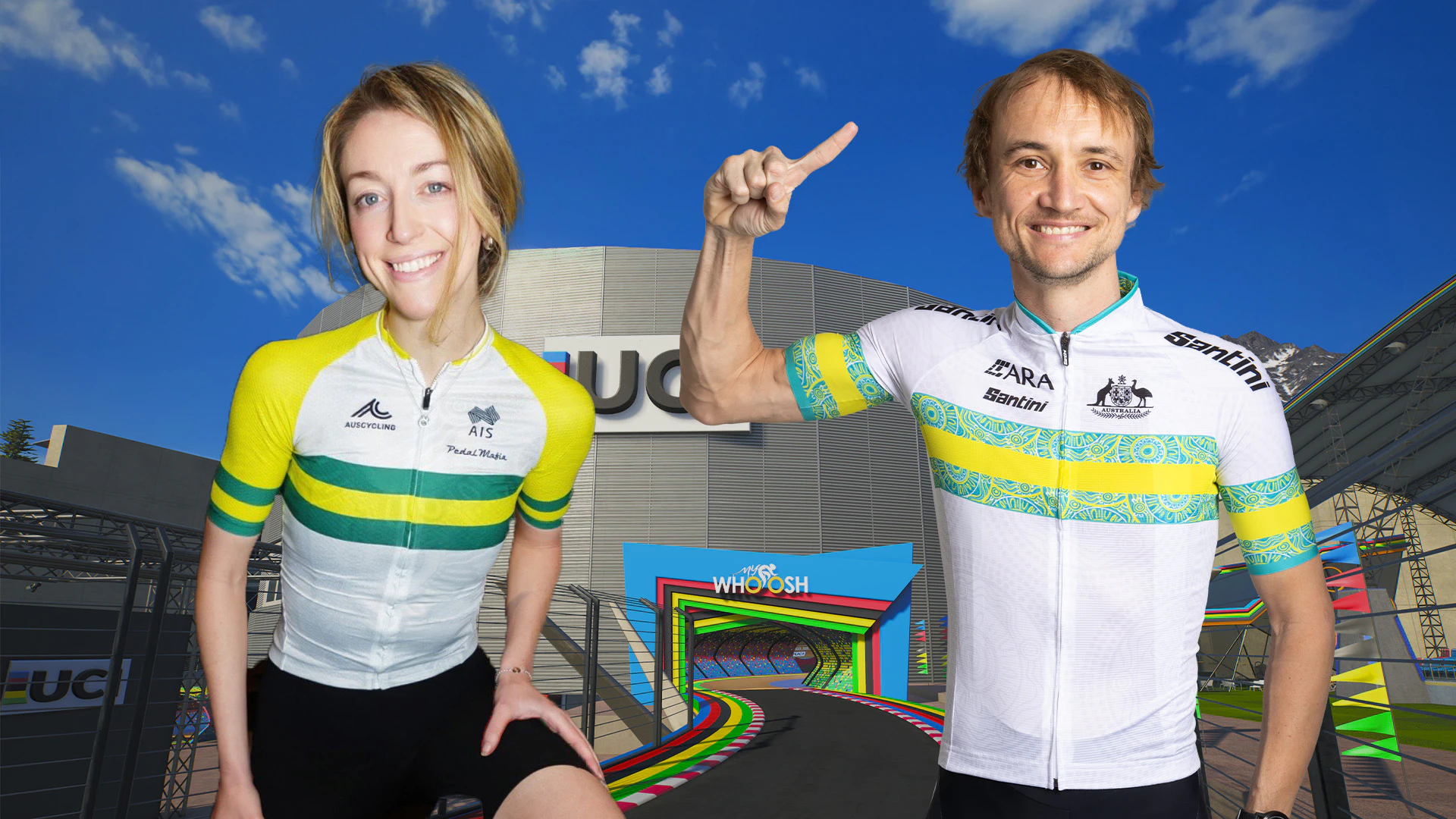 Australian cycling esports riders Matilda Tilly Field and Josh Harris on a computer-rendered background from MyWhoosh of the UCI cycling headquarters