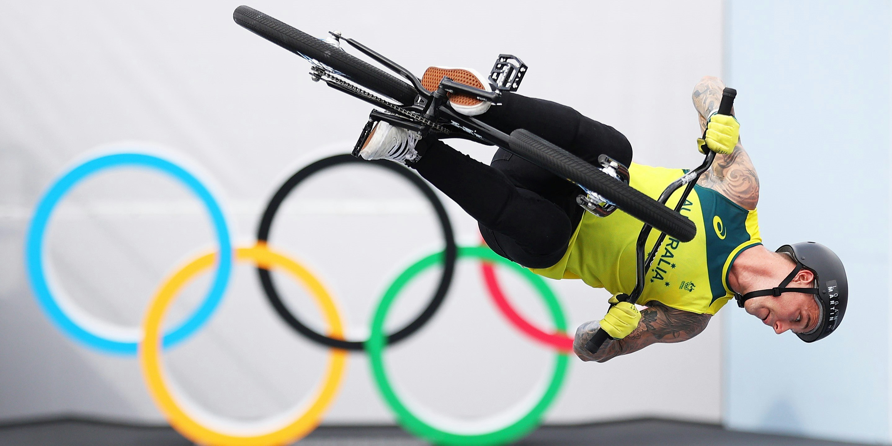 Logan Martin, Australian BMX Freestyle rider, gets sideways with the Olympic rings in the background at the Tokyo 2020 Olympic Games