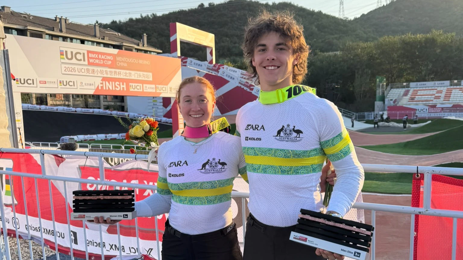Sienna Pal and Josh Jolly after both finishing third at Round 5 of the 2026 UCI BMX Racing World Cup in Mentougou, China.