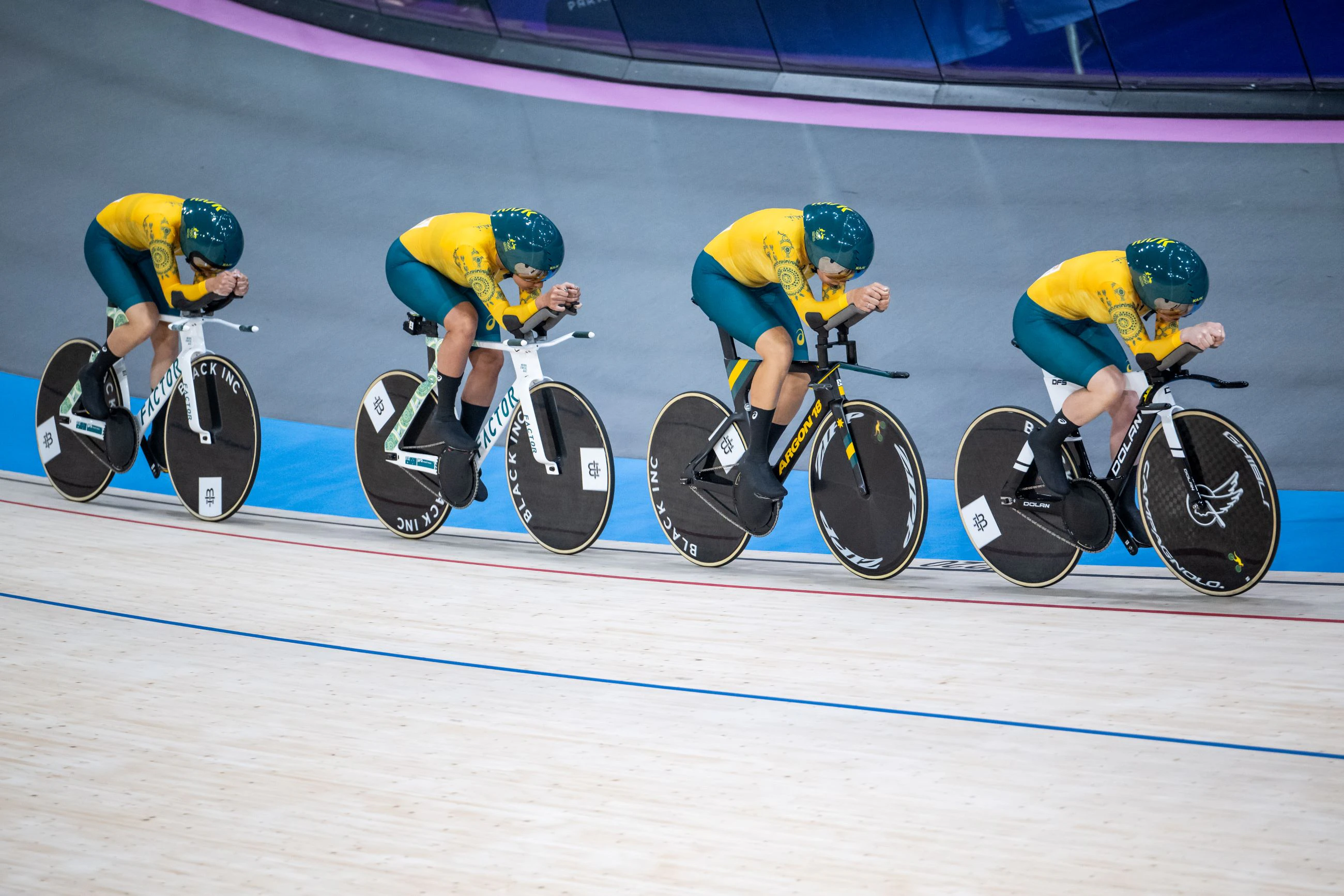 Track cycling: Maeve Plouffe, Sophie Edwards, Alexandra Manly and Georgia Baker of Australia compete during the Women's Team Pursuit first round in the Olympic Games Paris 2024 at Saint-Quentin-en-Yvelines Velodrome on August 7, 2024 in Paris, France. (Photo by Kevin Voigt/GettyImages)