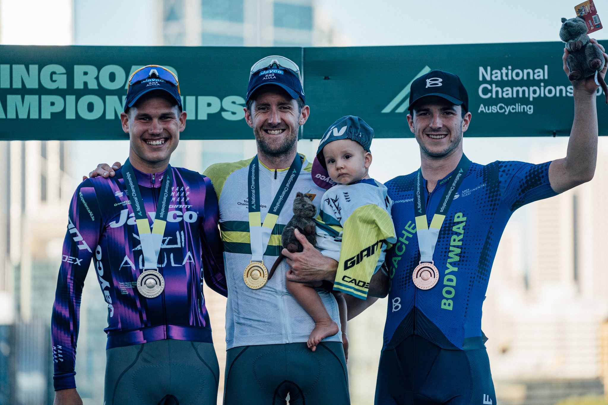 2025 elite men's road race national championship podium. Luke Durbridge (1), Luke Plapp (2), Liam Walsh (3). Picture: ZW Photography