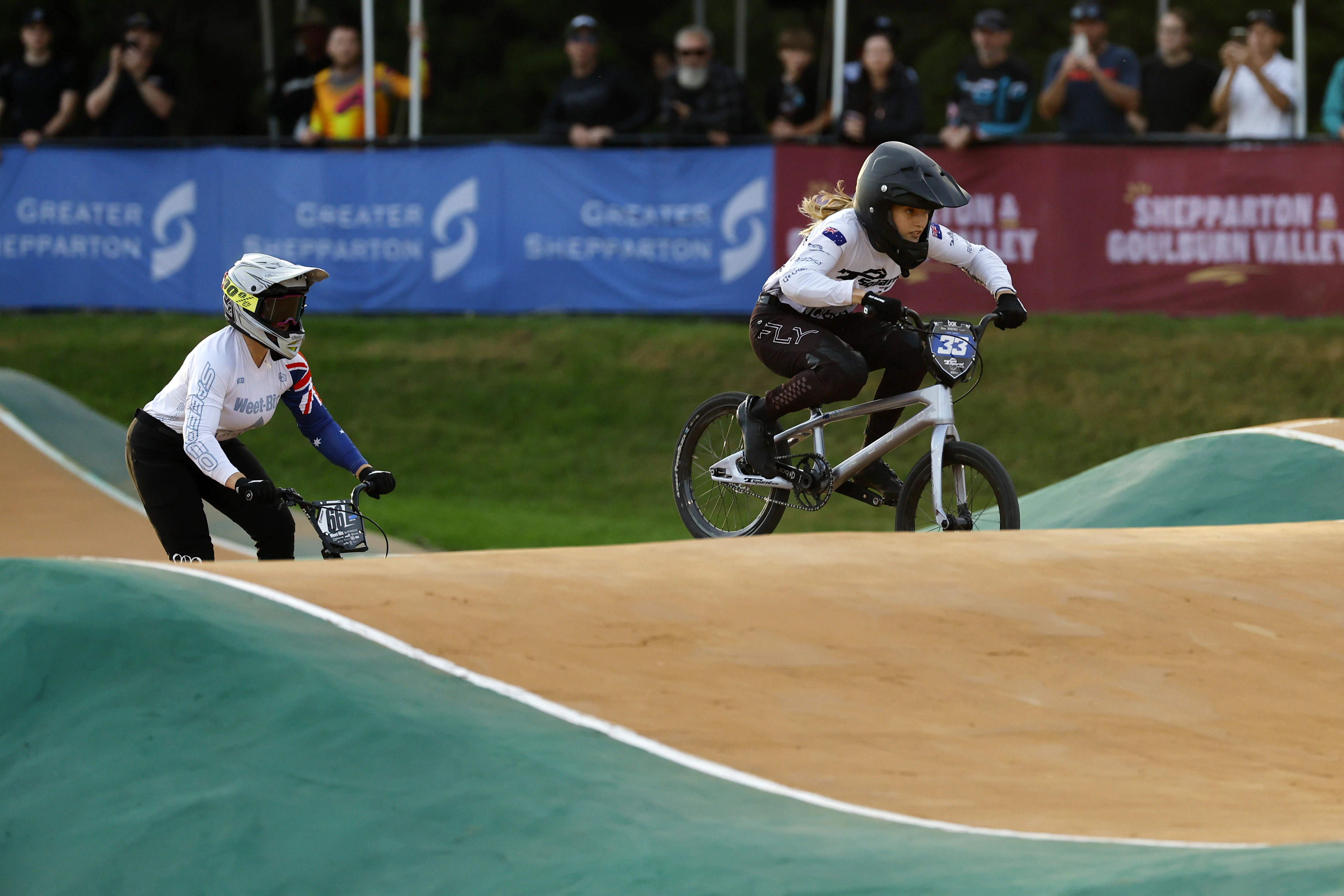 Teya Rufus and Sienna Pal racing at the Shepparton rounds of the 2025 AusCycling BMX Racing National Series. Picture: Con Chronis