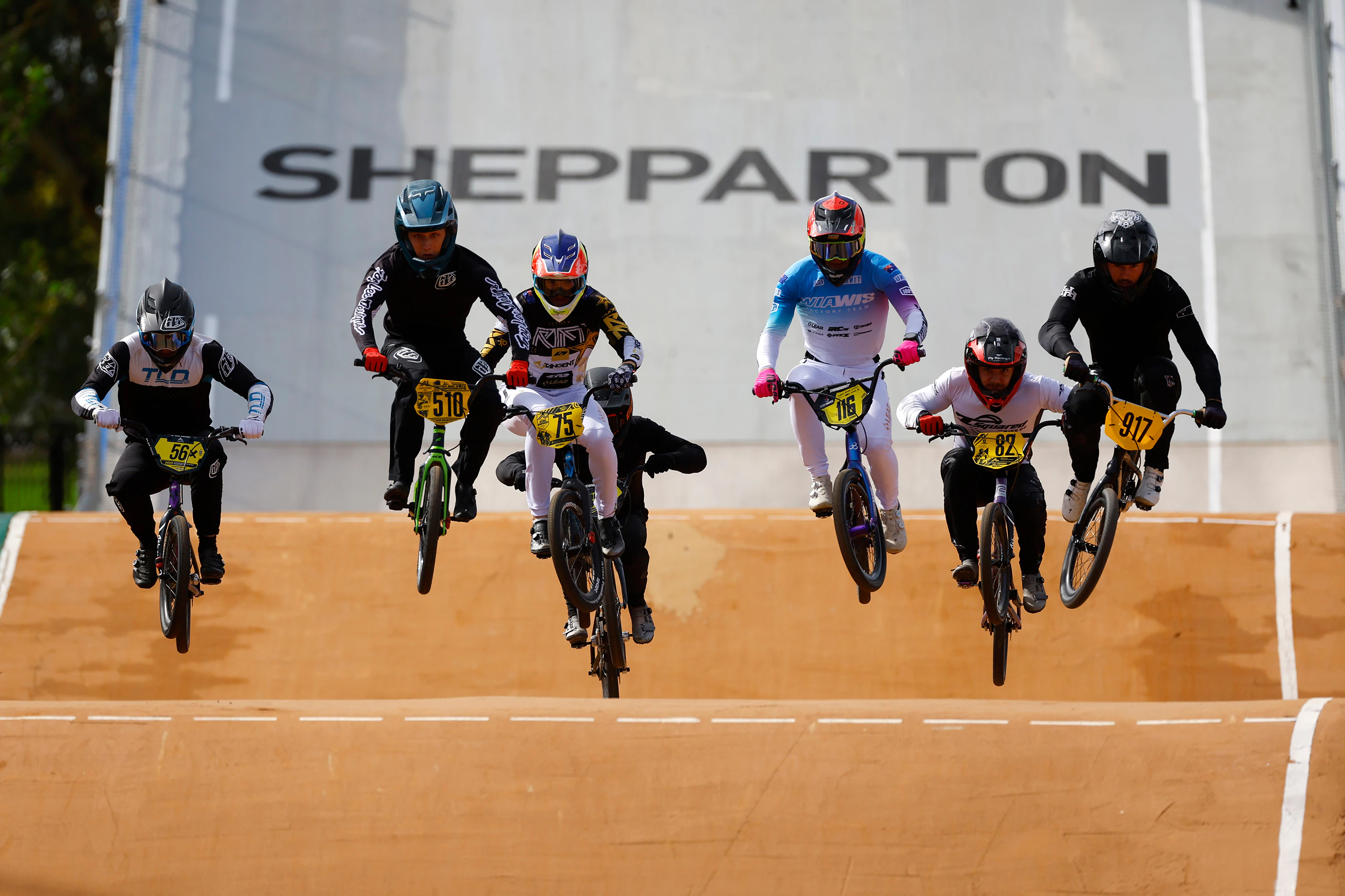 Superclass men racing at the Shepparton rounds of the 2025 AusCycling BMX Racing National Series. Picture: Con Chronis