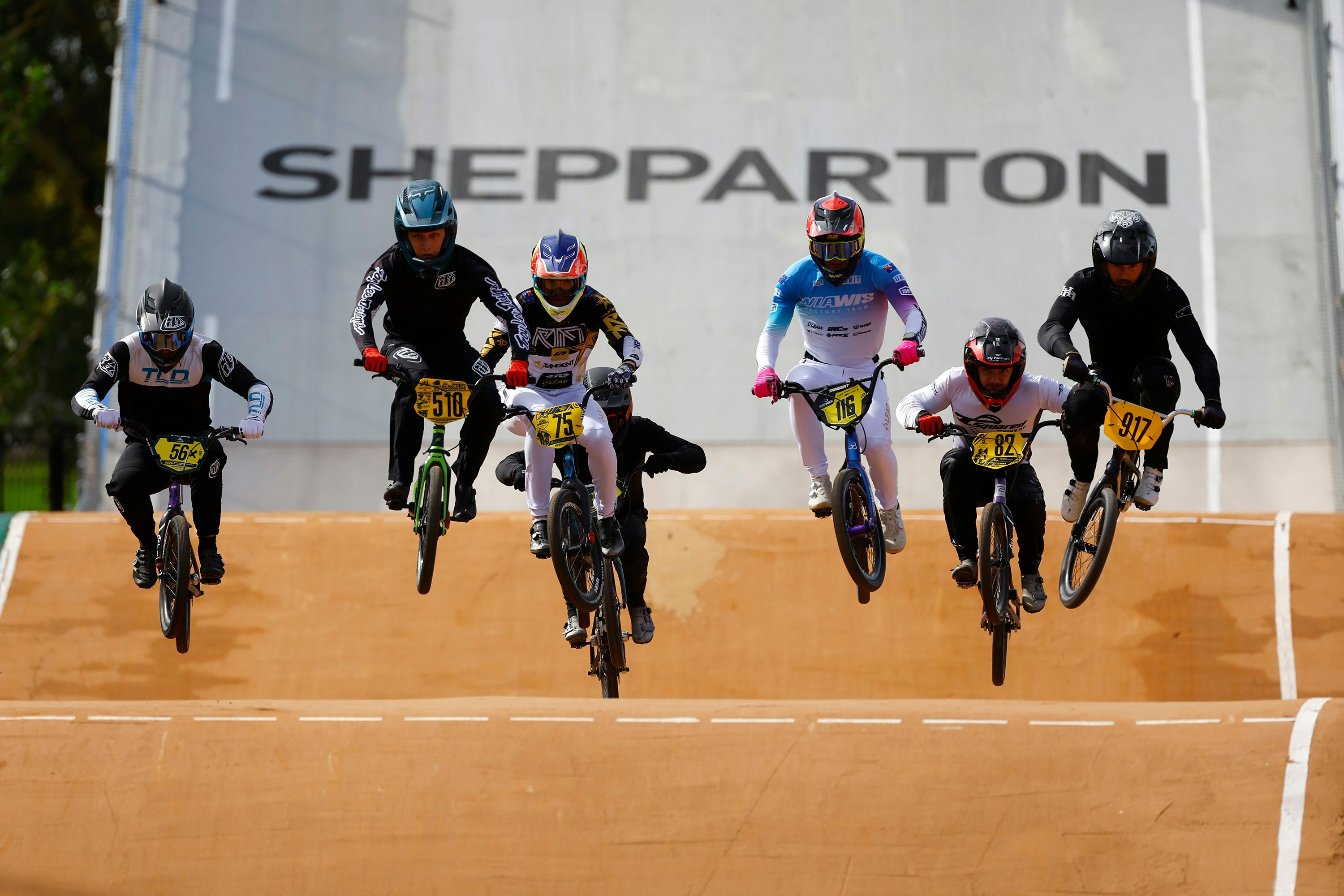 Superclass men racing at the Shepparton rounds of the 2025 AusCycling BMX Racing National Series. Picture: Con Chronis