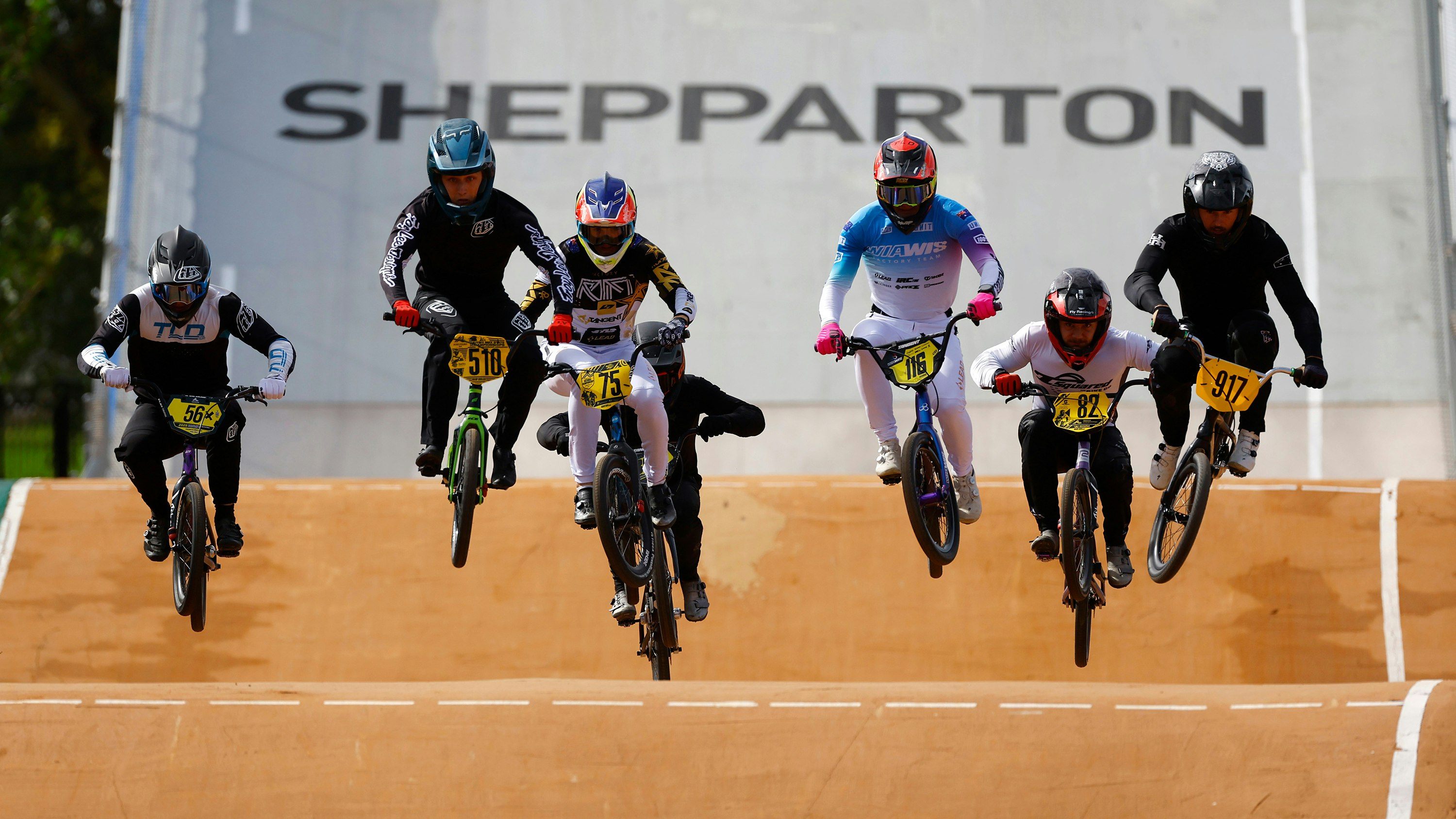 Superclass men racing at the Shepparton rounds of the 2025 AusCycling BMX Racing National Series. Picture: Con Chronis