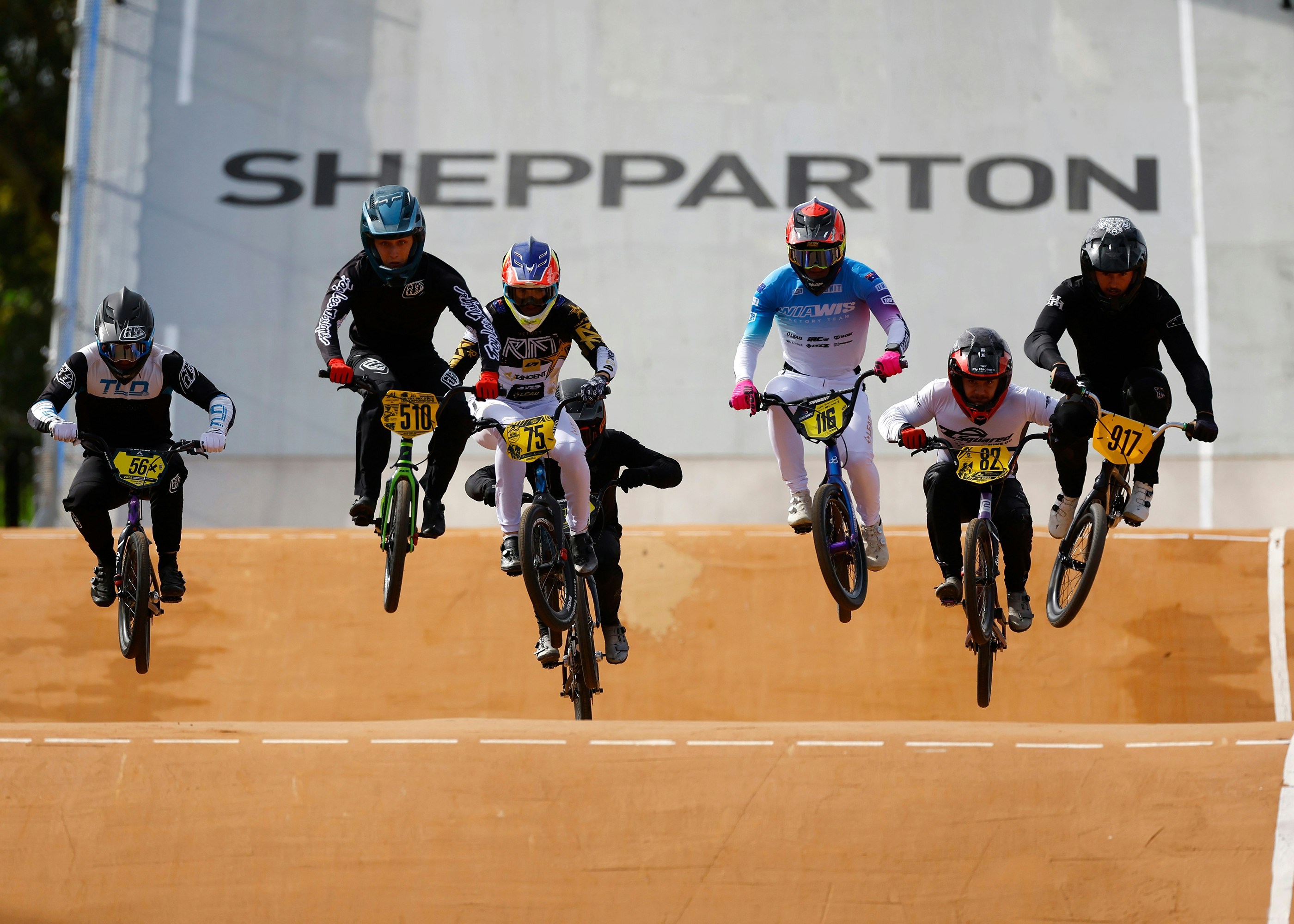 Superclass men racing at the Shepparton rounds of the 2025 AusCycling BMX Racing National Series. Picture: Con Chronis