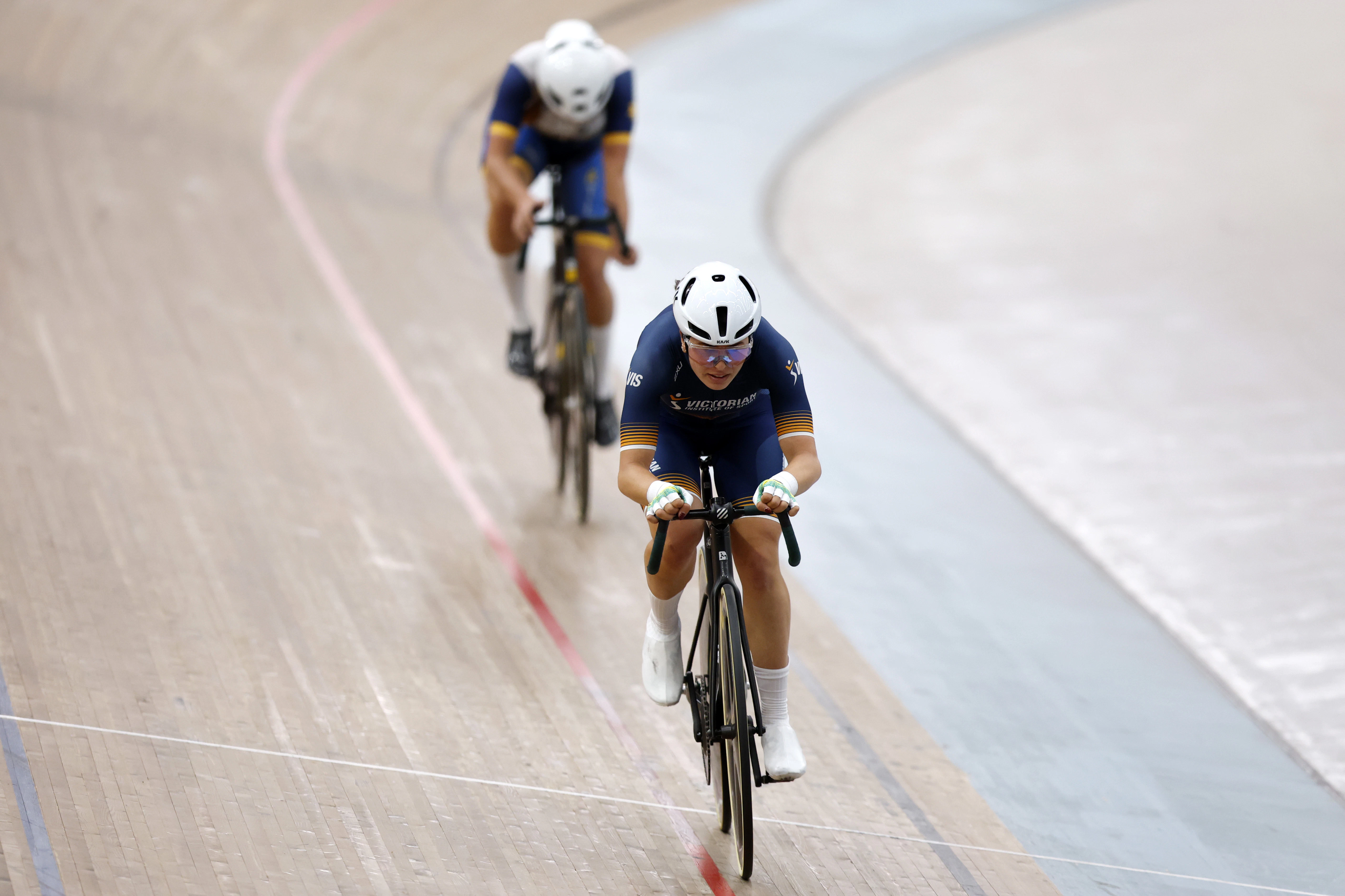 Alyssa Polites winning the UCI C2 Elimination Race at the Quest Ivanhoe 128th Austral Wheelrace week. Picture: Con Chronis