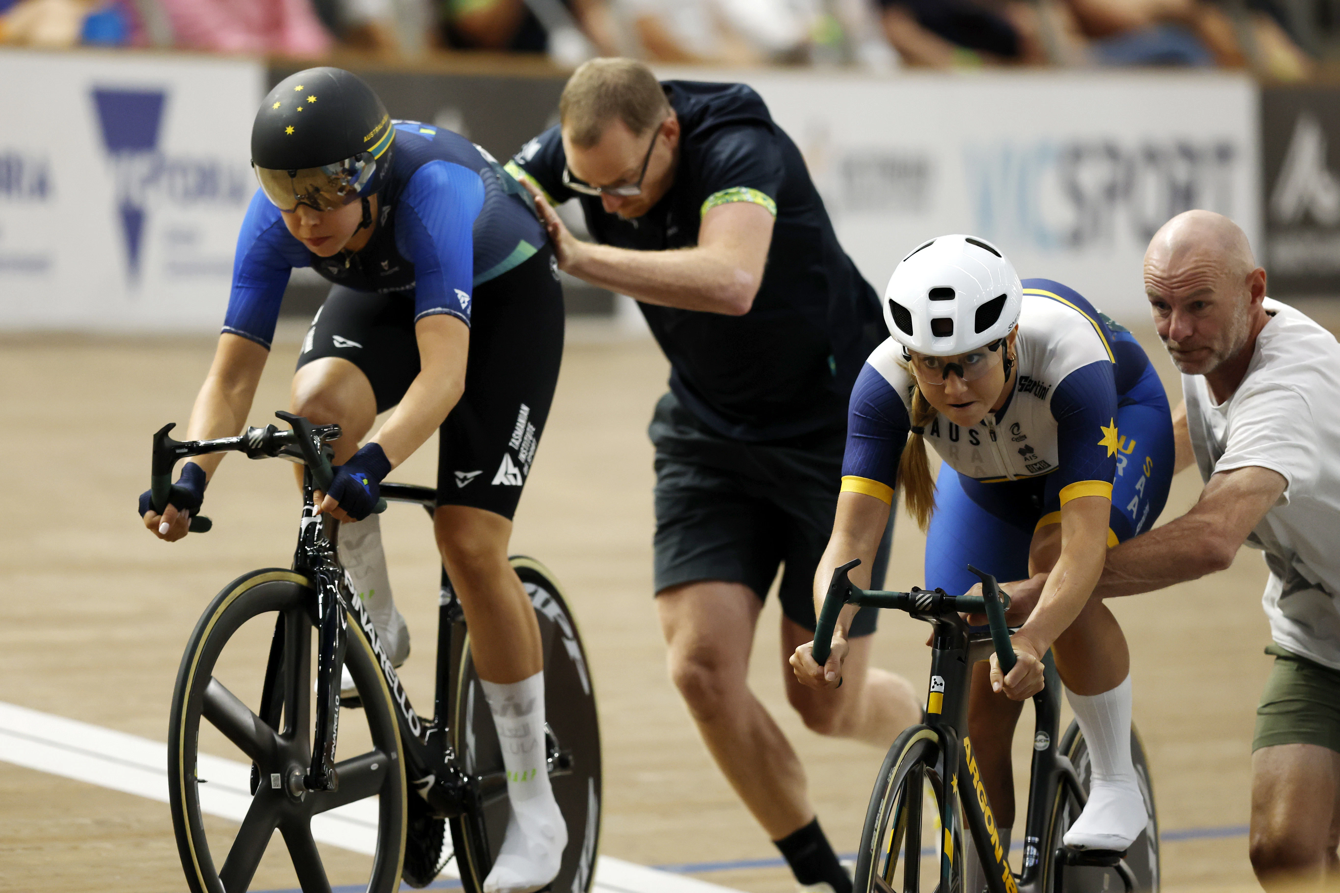 Georgia Baker and Maeve Plouffe start the women's Quest Ivanhoe 128th Austral Wheelrace. Picture: Con Chronis